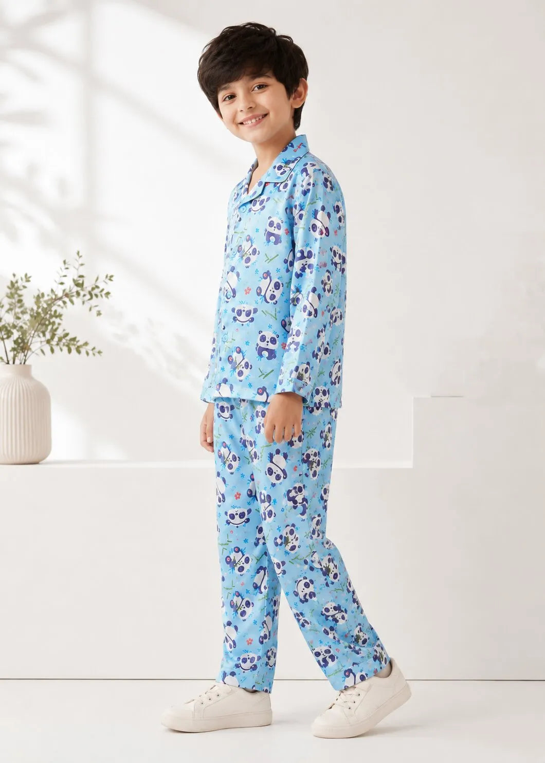 Boys Sky Blue Panda Graphic Printed Satin Night Suit