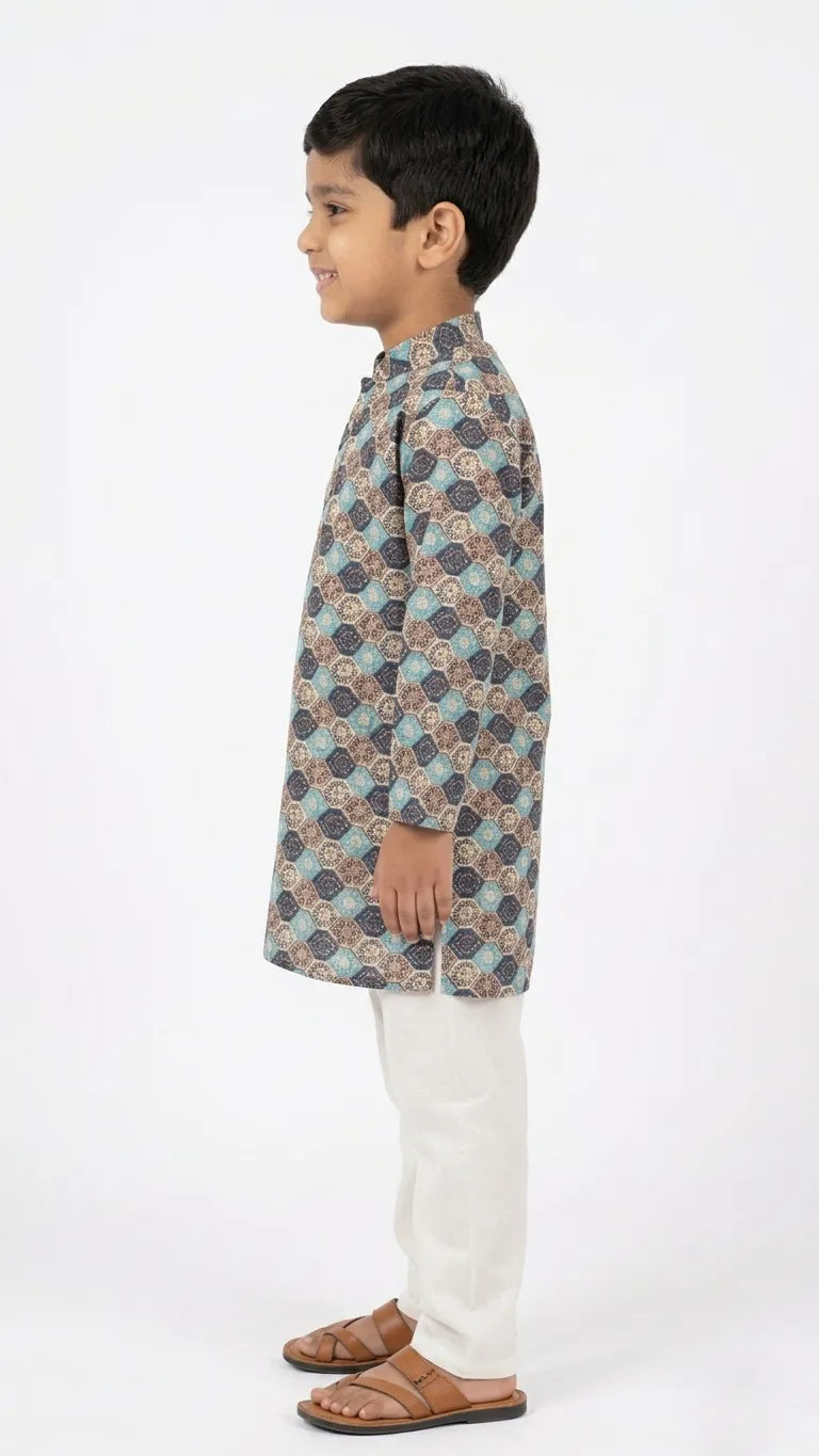Boys Blue & Beige Ethnic Printed Cotton Kurta Set