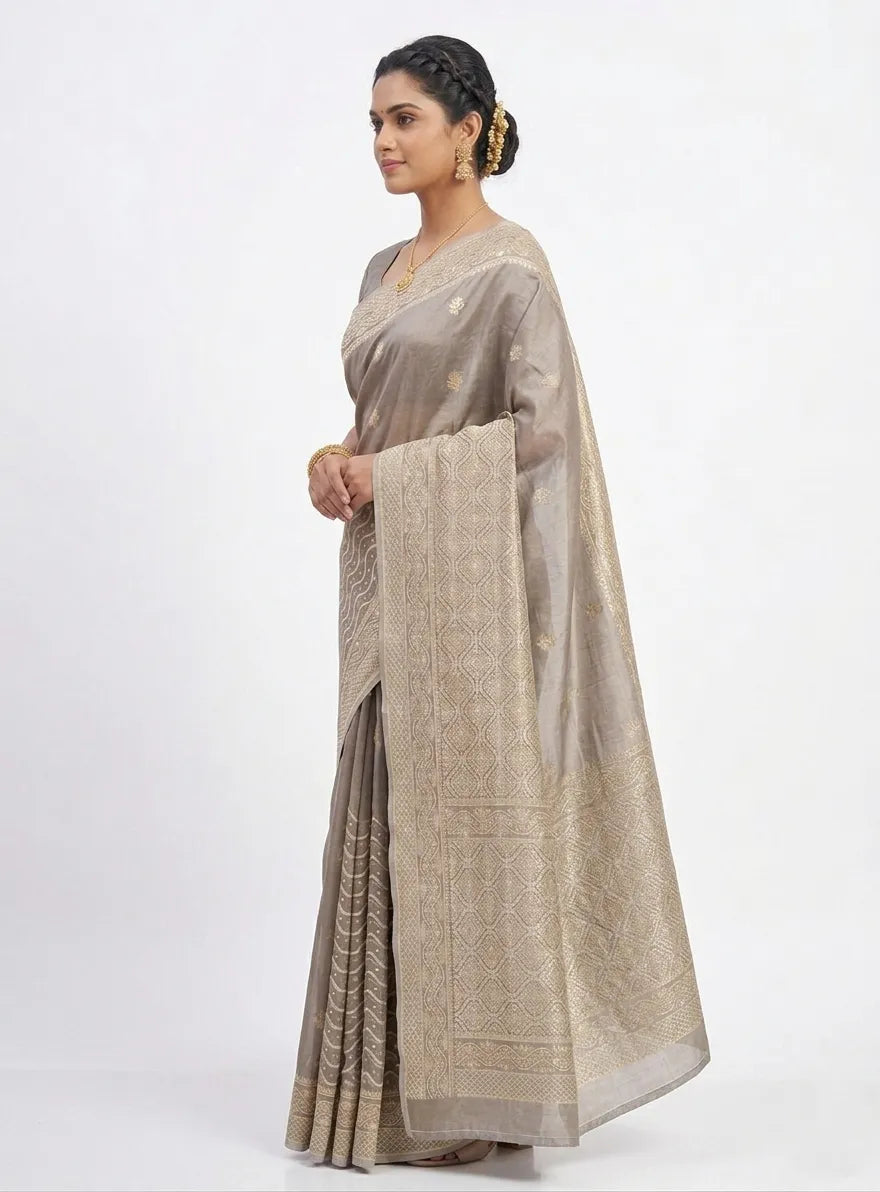 Grey & Gold-Toned Woven Design Banarasi Silk Saree with Unstitched Blouse Piece