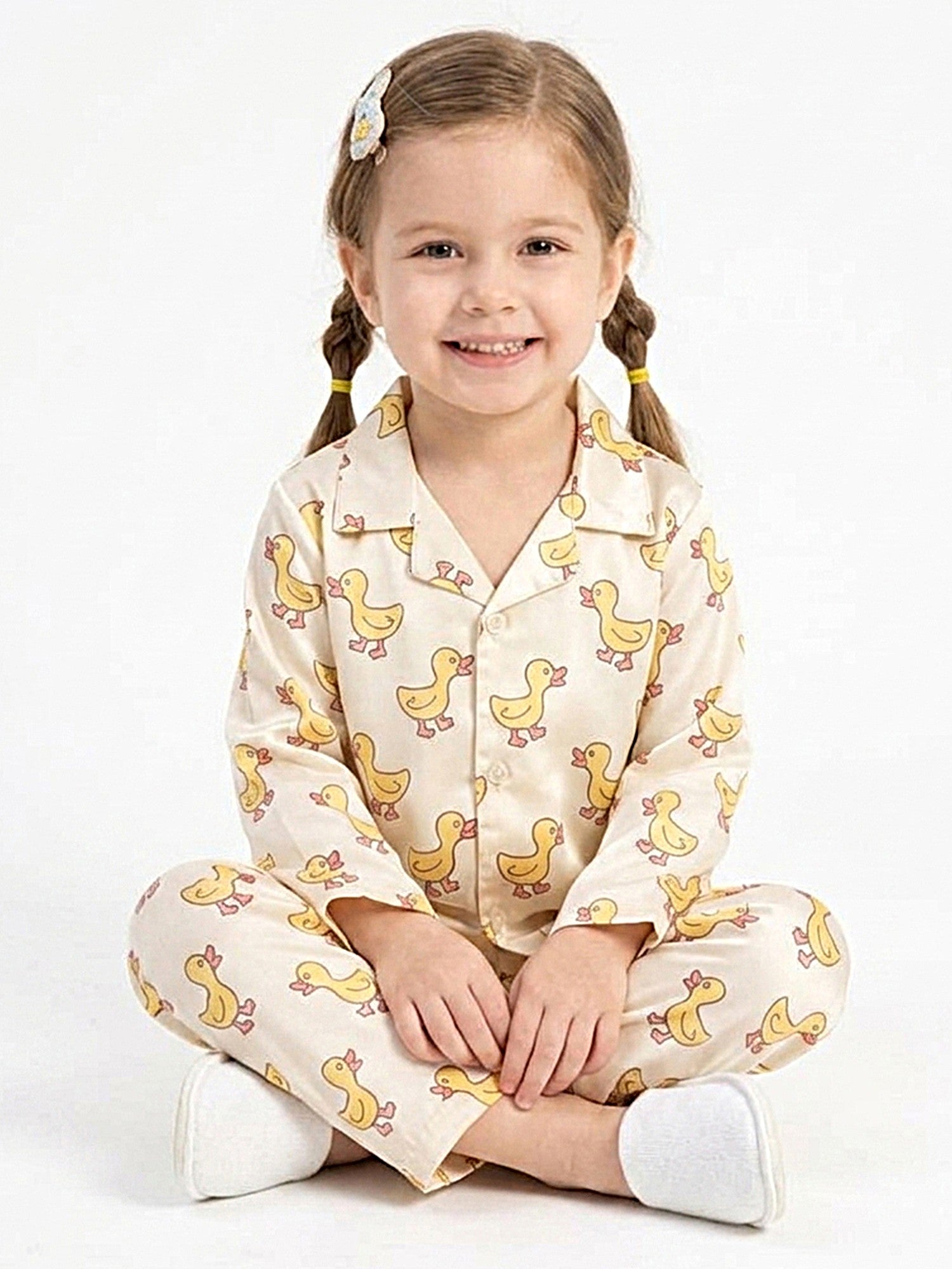 Girls Off-White & Yellow Satin Duck Printed Nightsuit