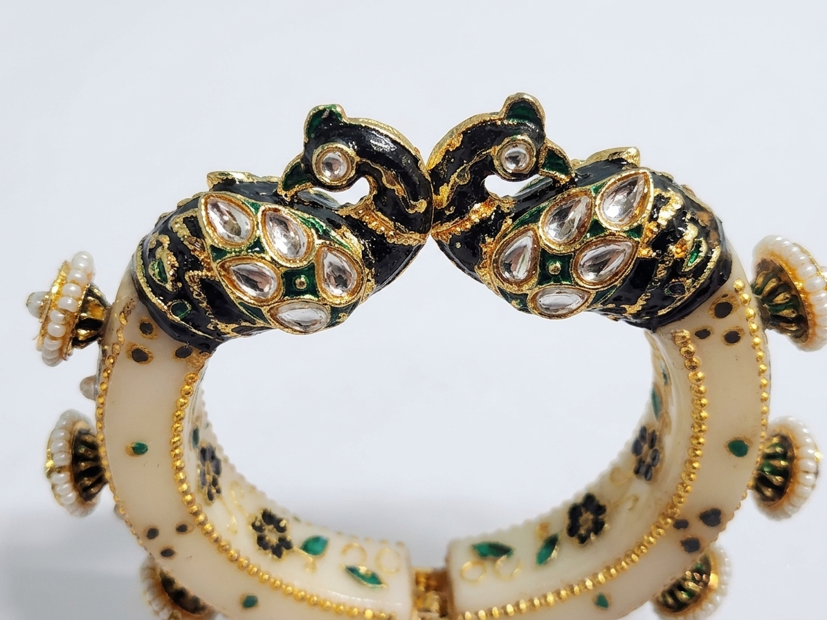 Golden Yellow  & Off-White Peacock Kada with Pearl Droplets