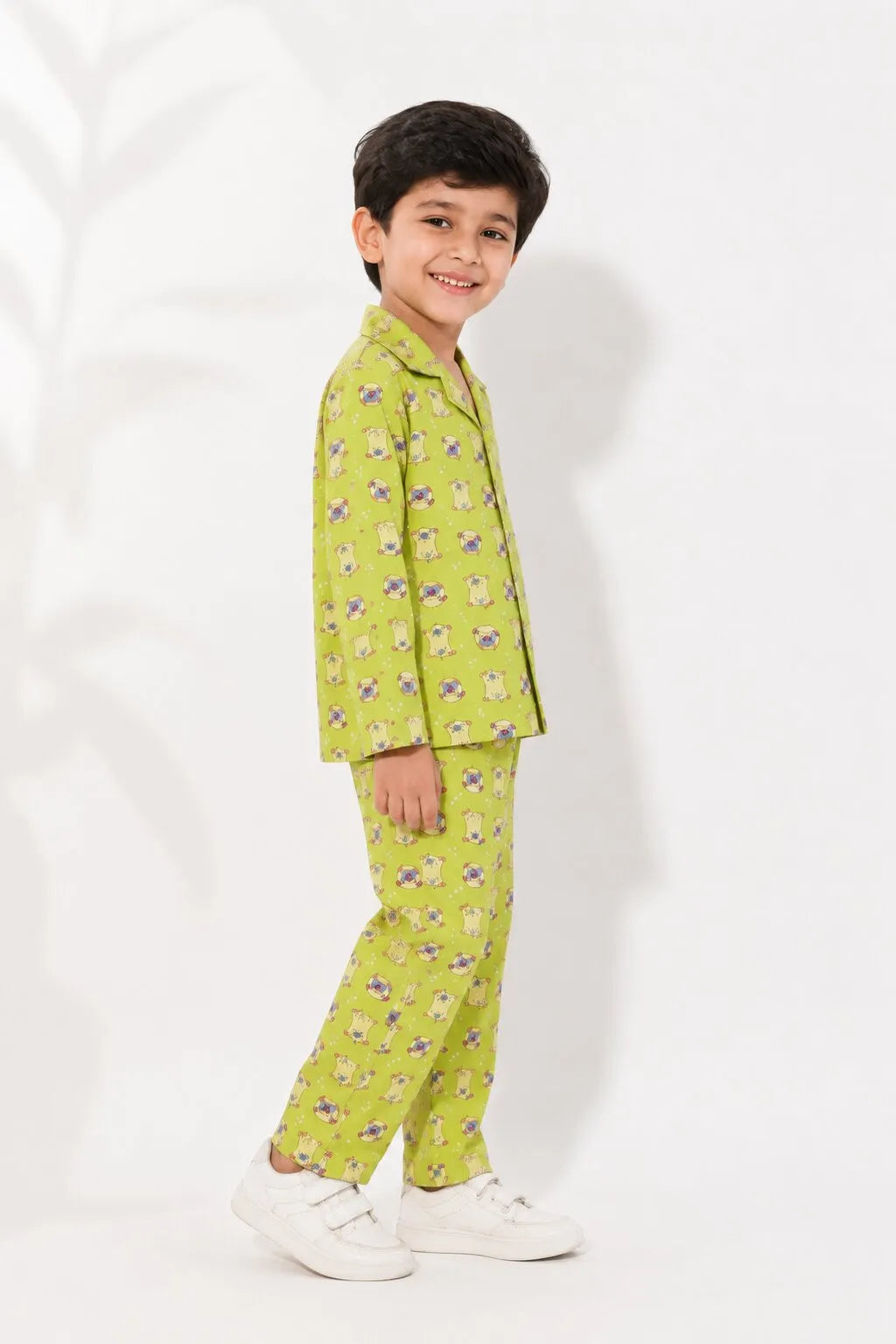 Kids Olive Green & Beige Pug Print Night Suit