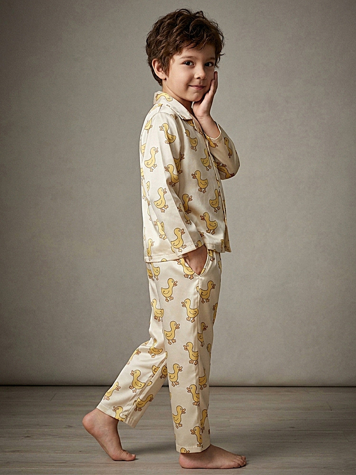 Boys Off-White & Yellow Satin Duck Printed Nightsuit