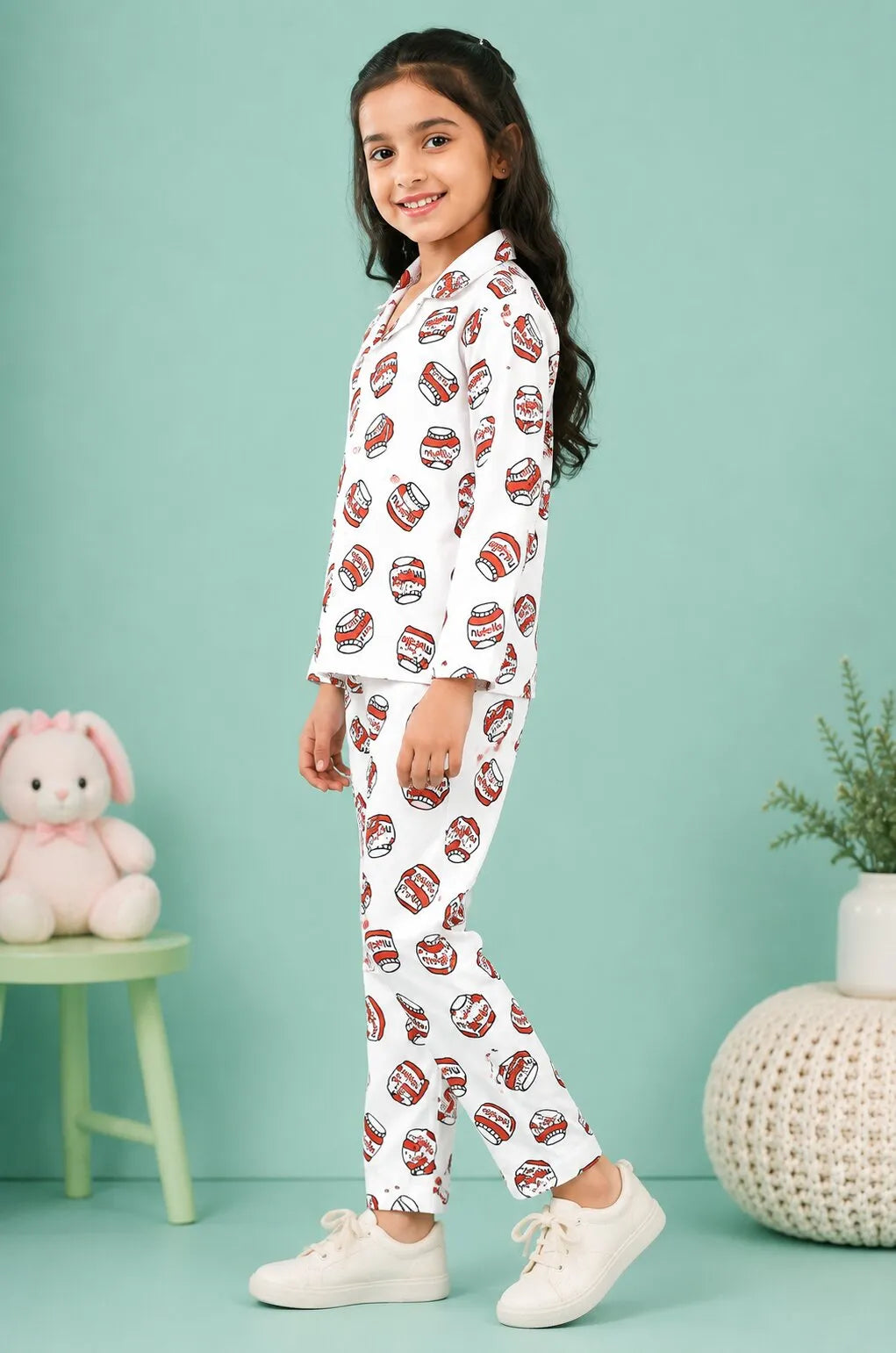 Girls Satin Nutella Print Night Suit – White & Red