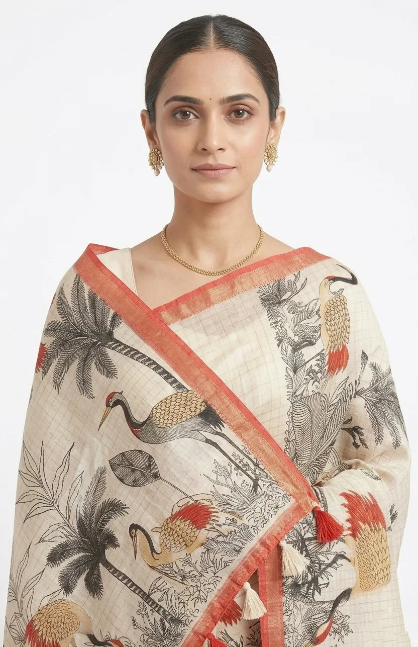 Women White and Red Ethnic Motifs Printed Pure Cotton Saree