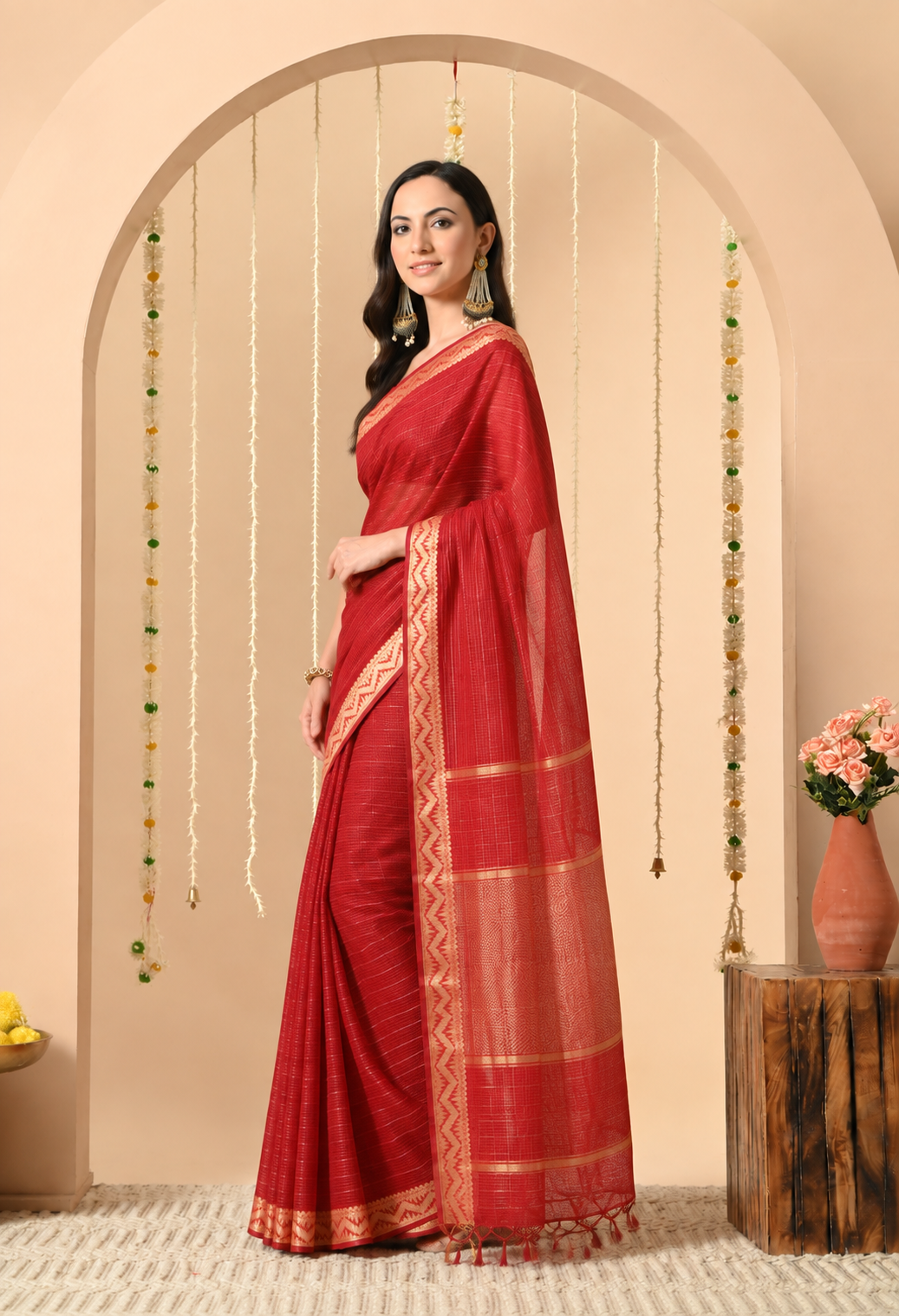 Women Red Cotton Saree with Woven Geometric Border