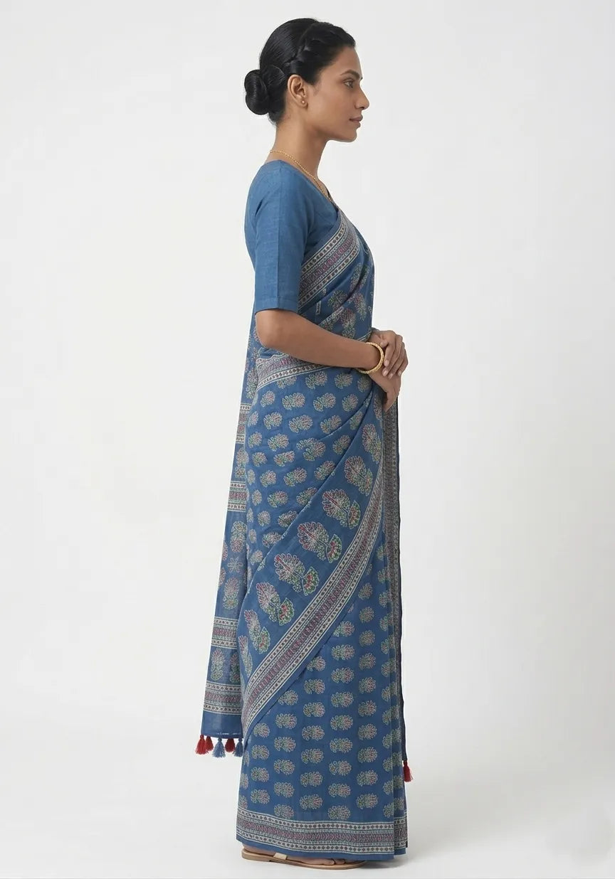 Indigo Blue Floral Printed Pure Cotton Saree with Tassels