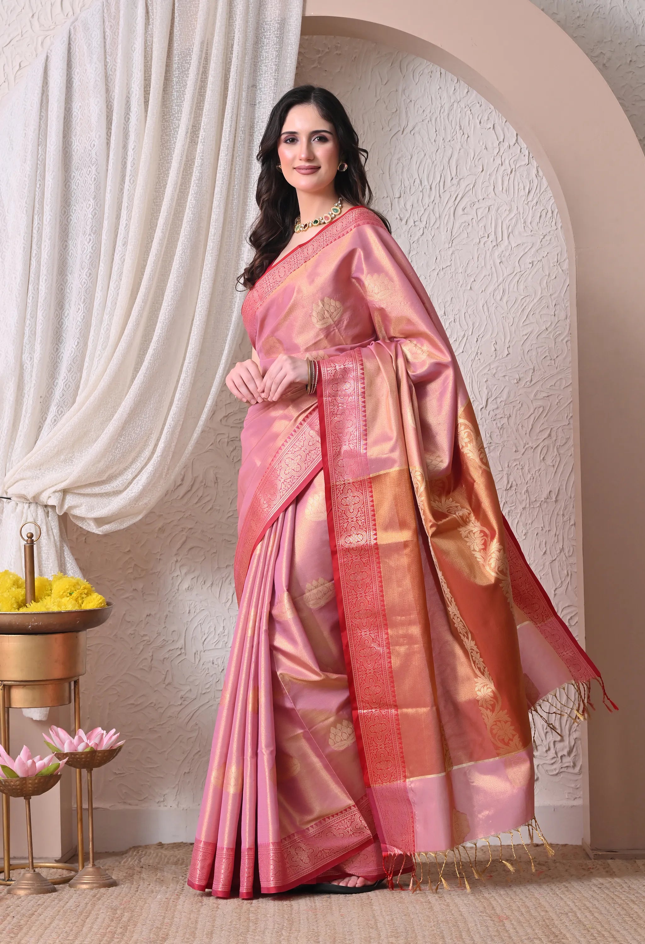 Enchanting Pink Silk Blend Saree with Golden Zari Motifs and Rich Pallu