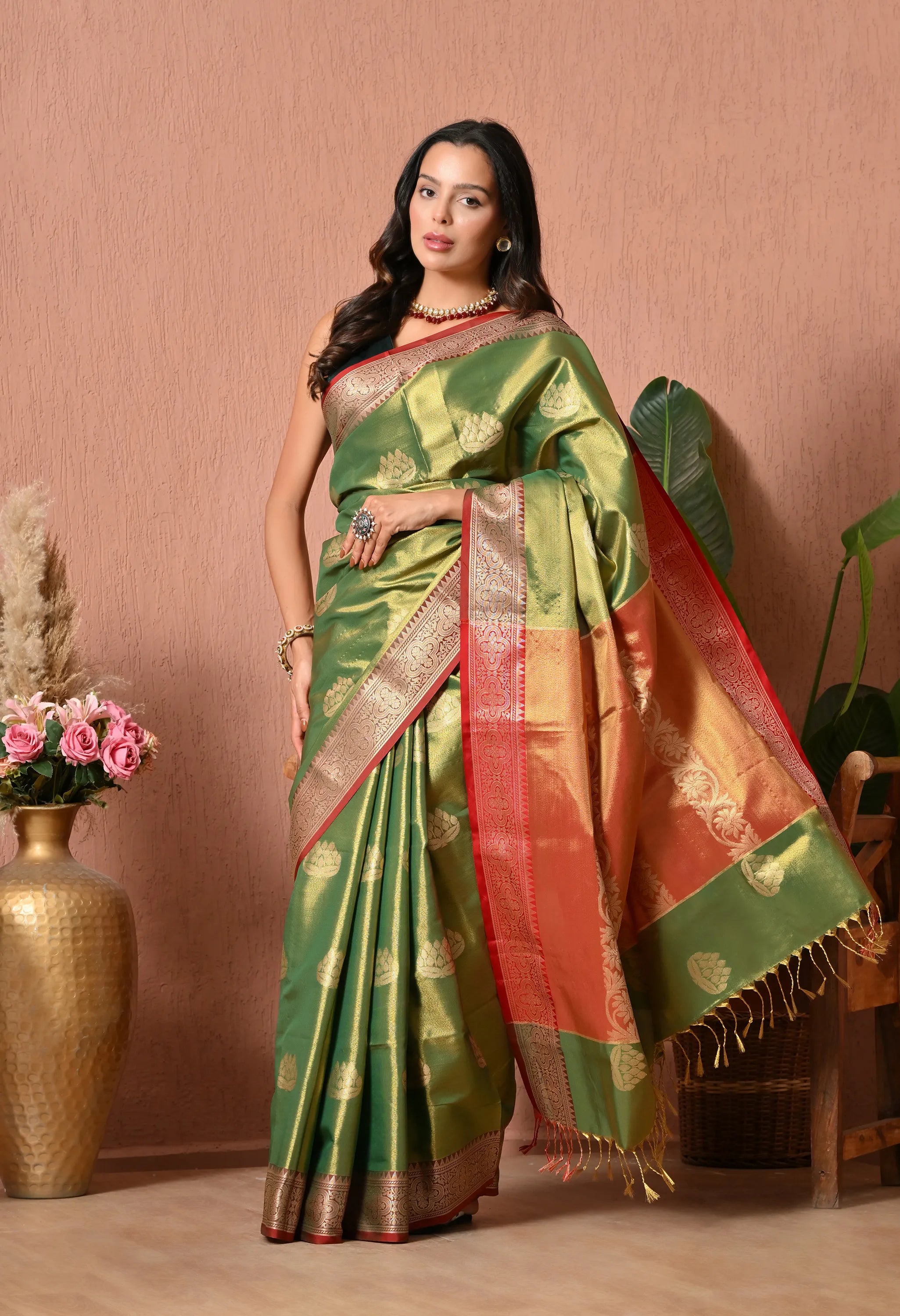 Silk Blend Saree in Olive Green & Crimson Rust
