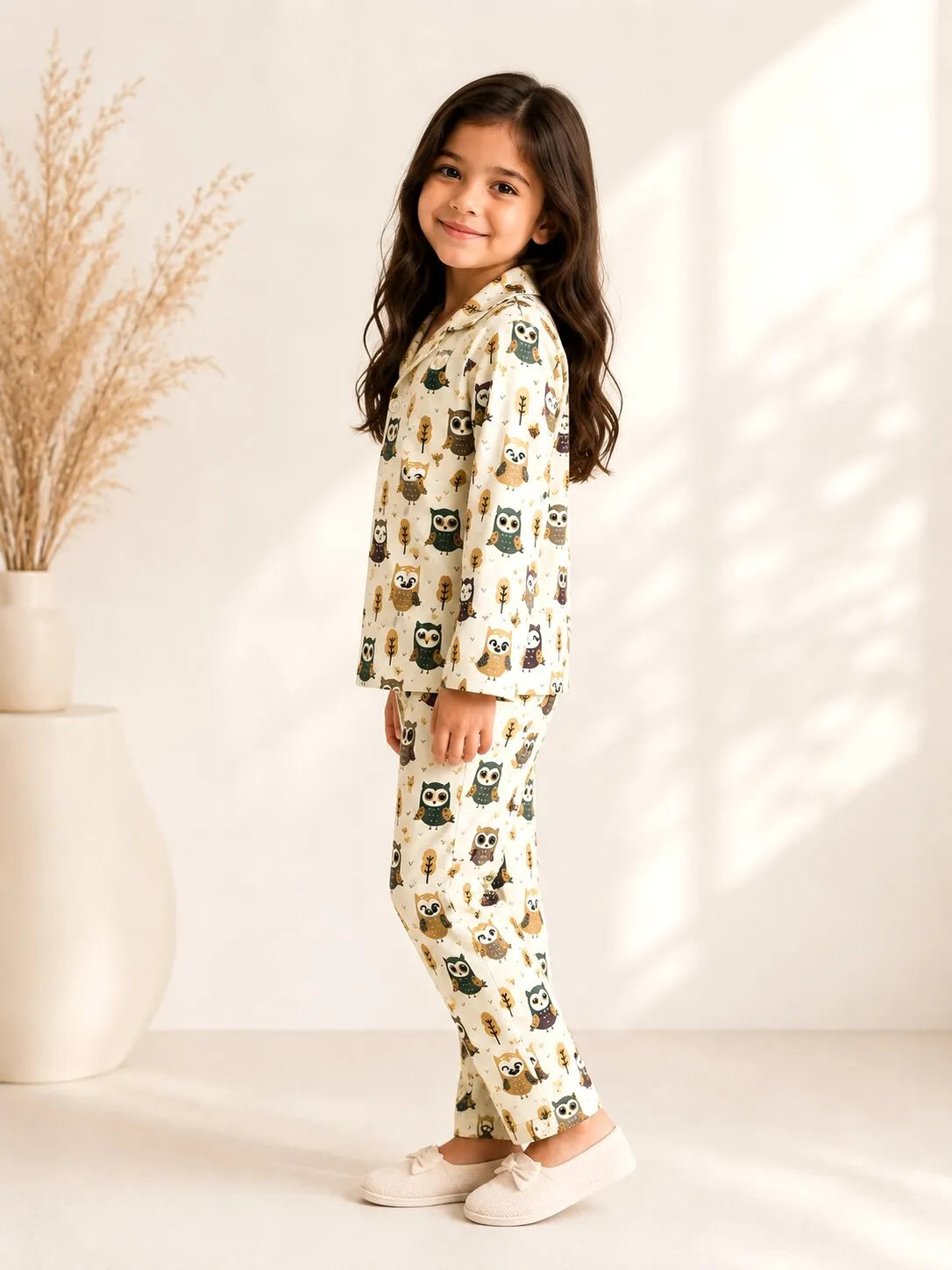 Girls Cream & Brown Owl Print Pure Cotton Night Suit