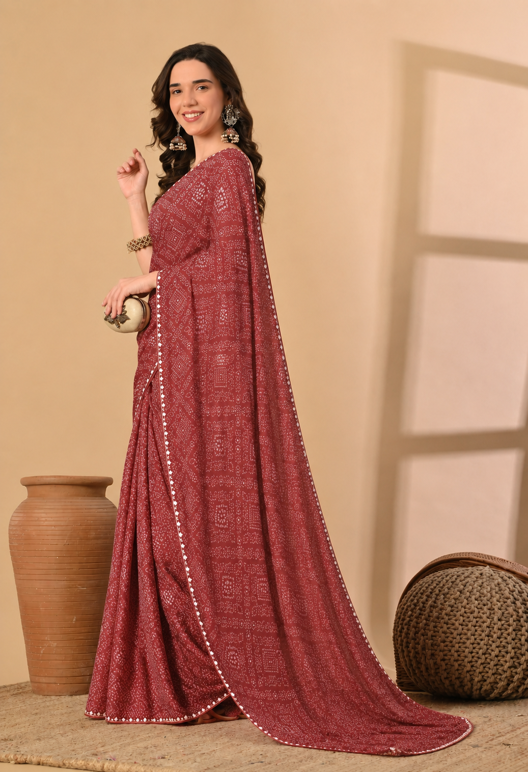 Maroon Georgette Printed Saree with Traditional Motif Border