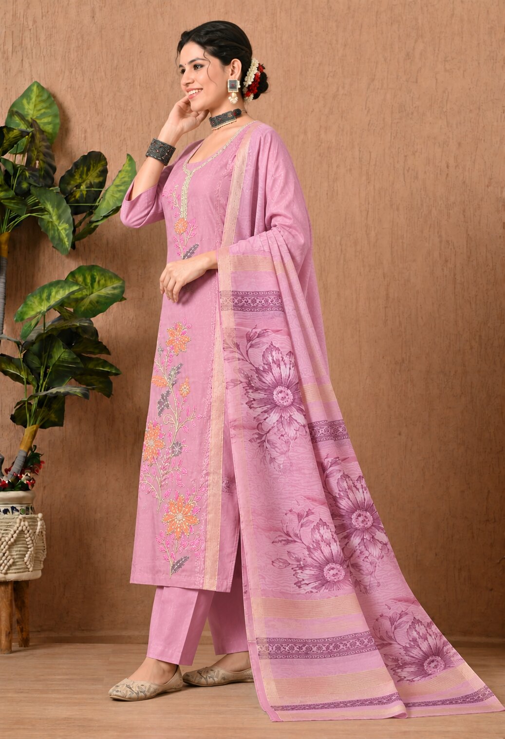 Pink Chanderi Silk Embroidered Straight Suit Set with Organza Dupatta