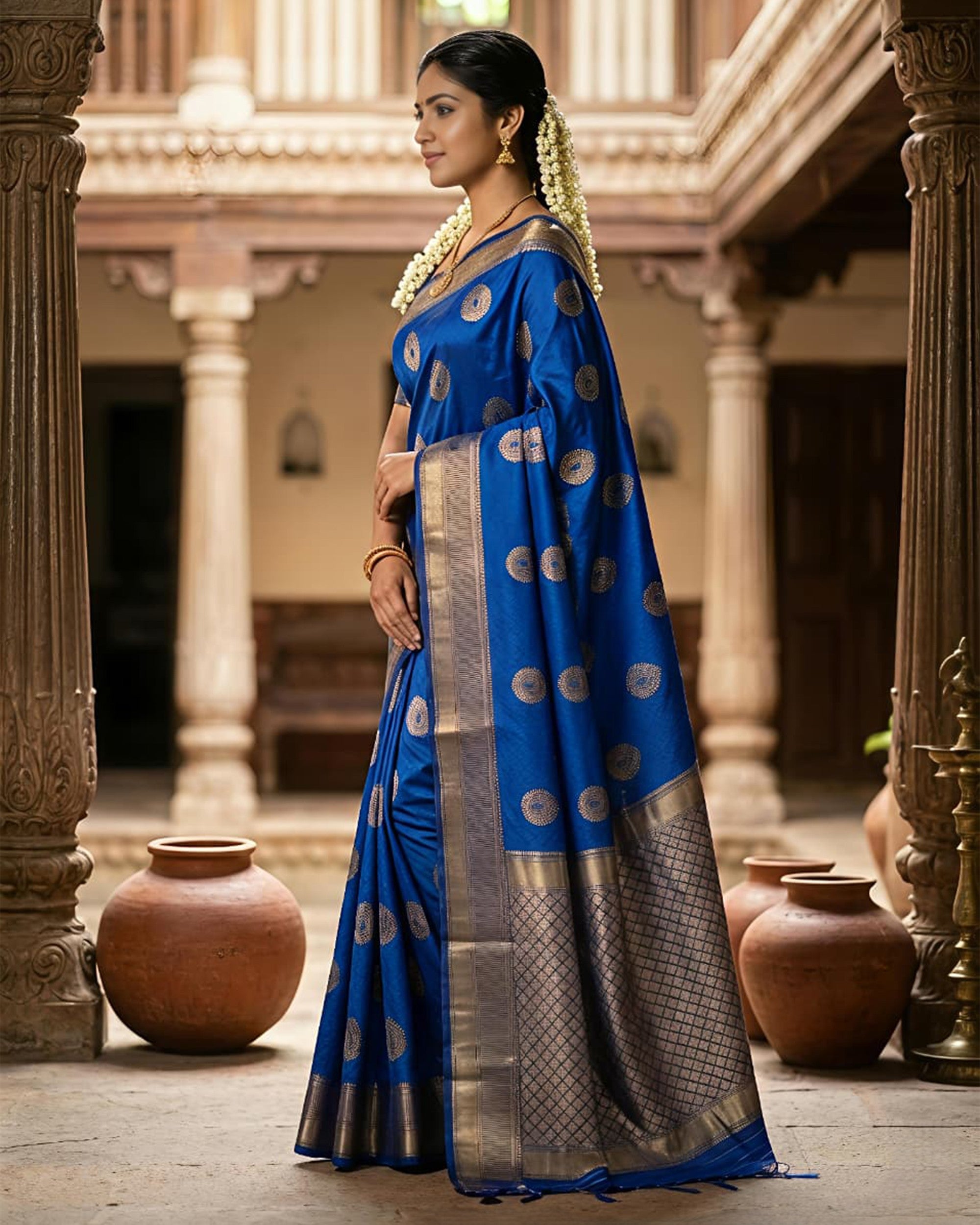 Women Royal Blue & Gold-Toned Art Silk Woven Design Banarasi Saree