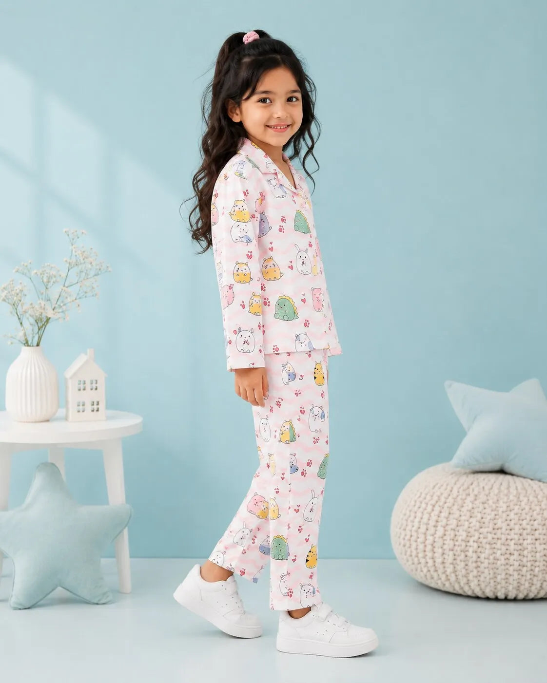 Girls Whimsical Animal & Wave Print Premium Satin Night Suit – Full Sleeve Shirt & Pajama Set