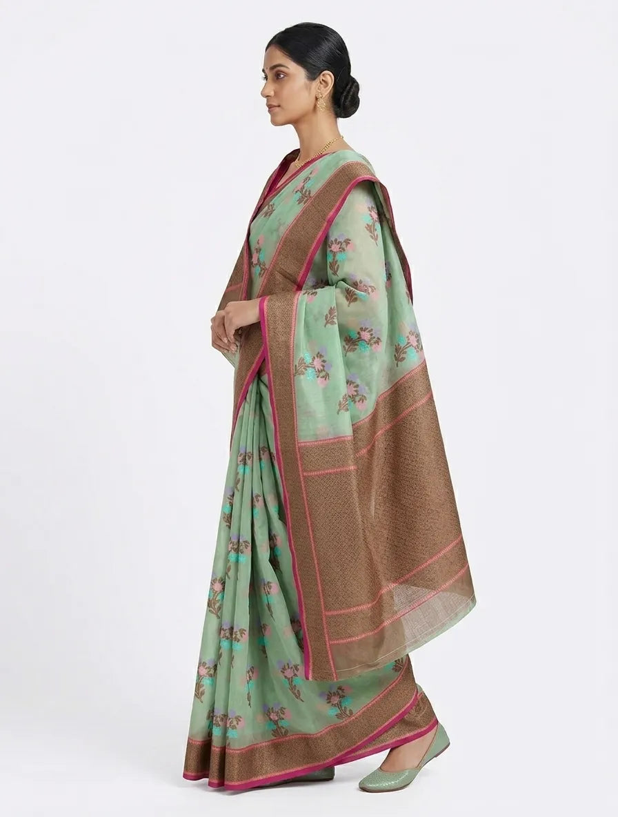 Sea Green Floral Printed Chanderi Silk Saree with Zari Border