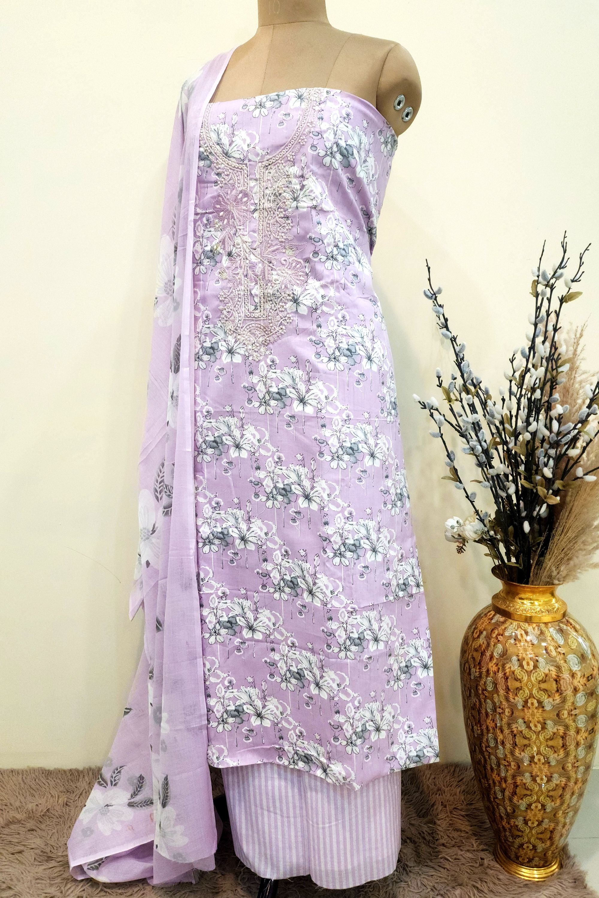 Women's Lavender Floral Printed Pure Cotton Unstitched Suit Set