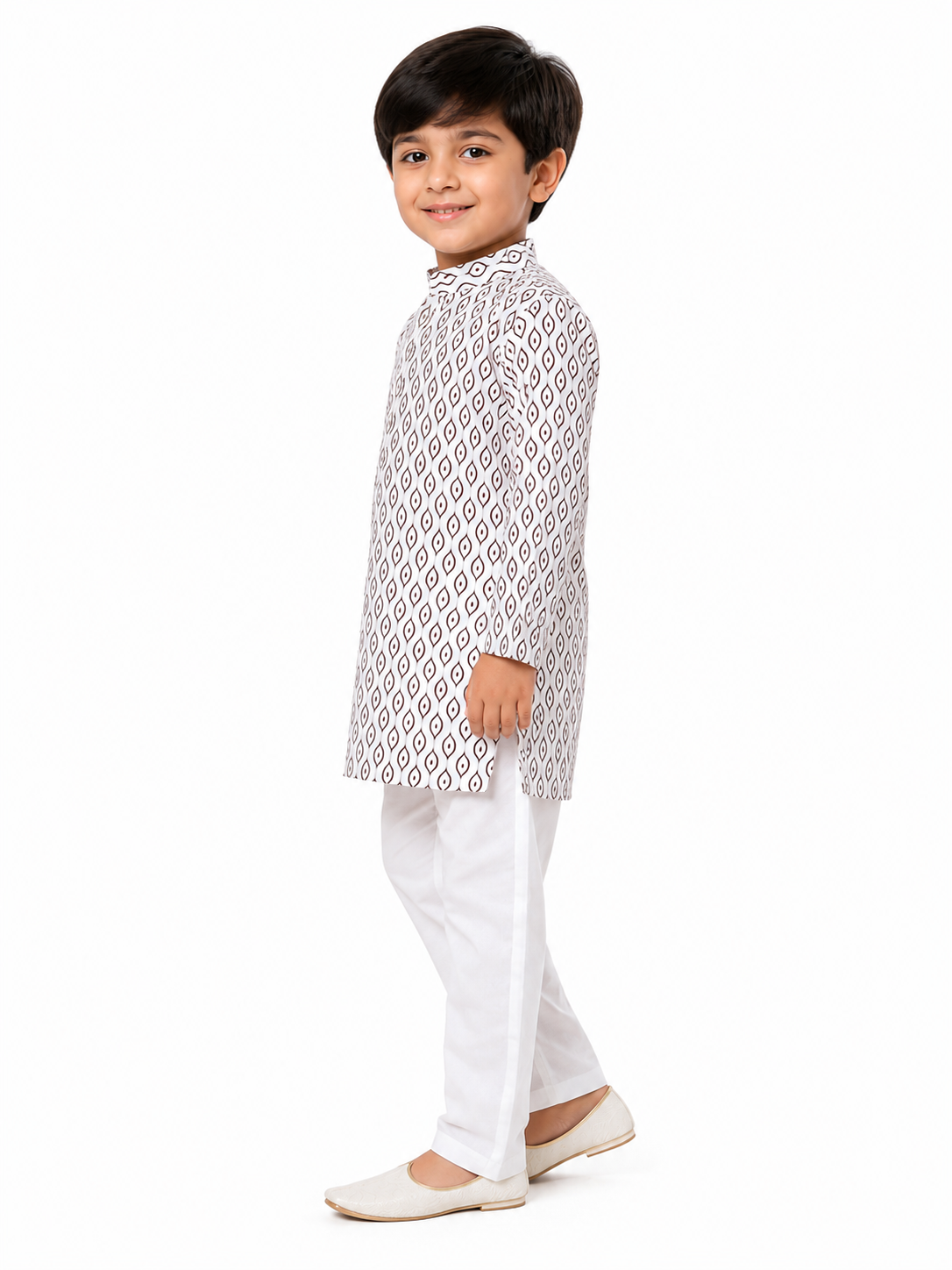 Boys Off-White Geometric Leaf Print Cotton Kurta with Pyjama Set