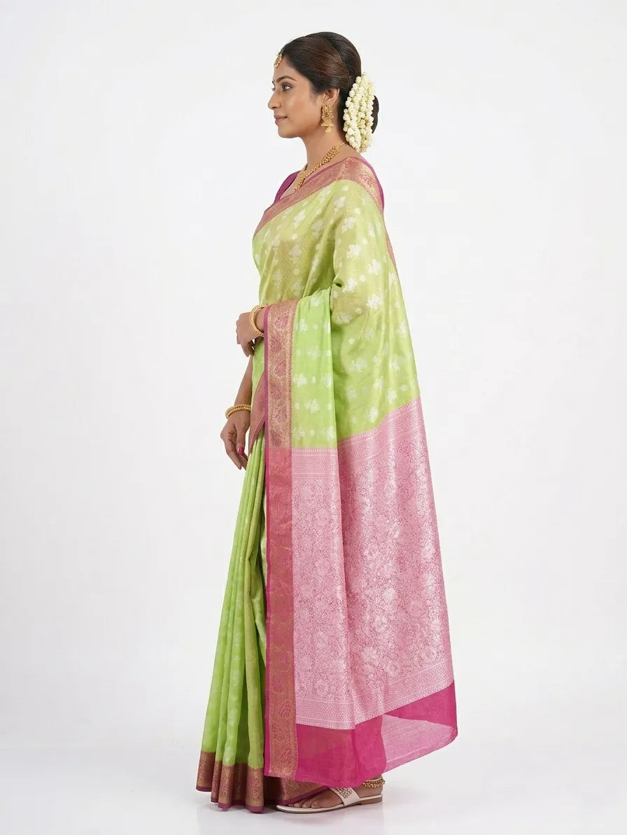 Lime Green & Magenta Silk Blend Woven Design Banarasi Saree with Unstitched Blouse