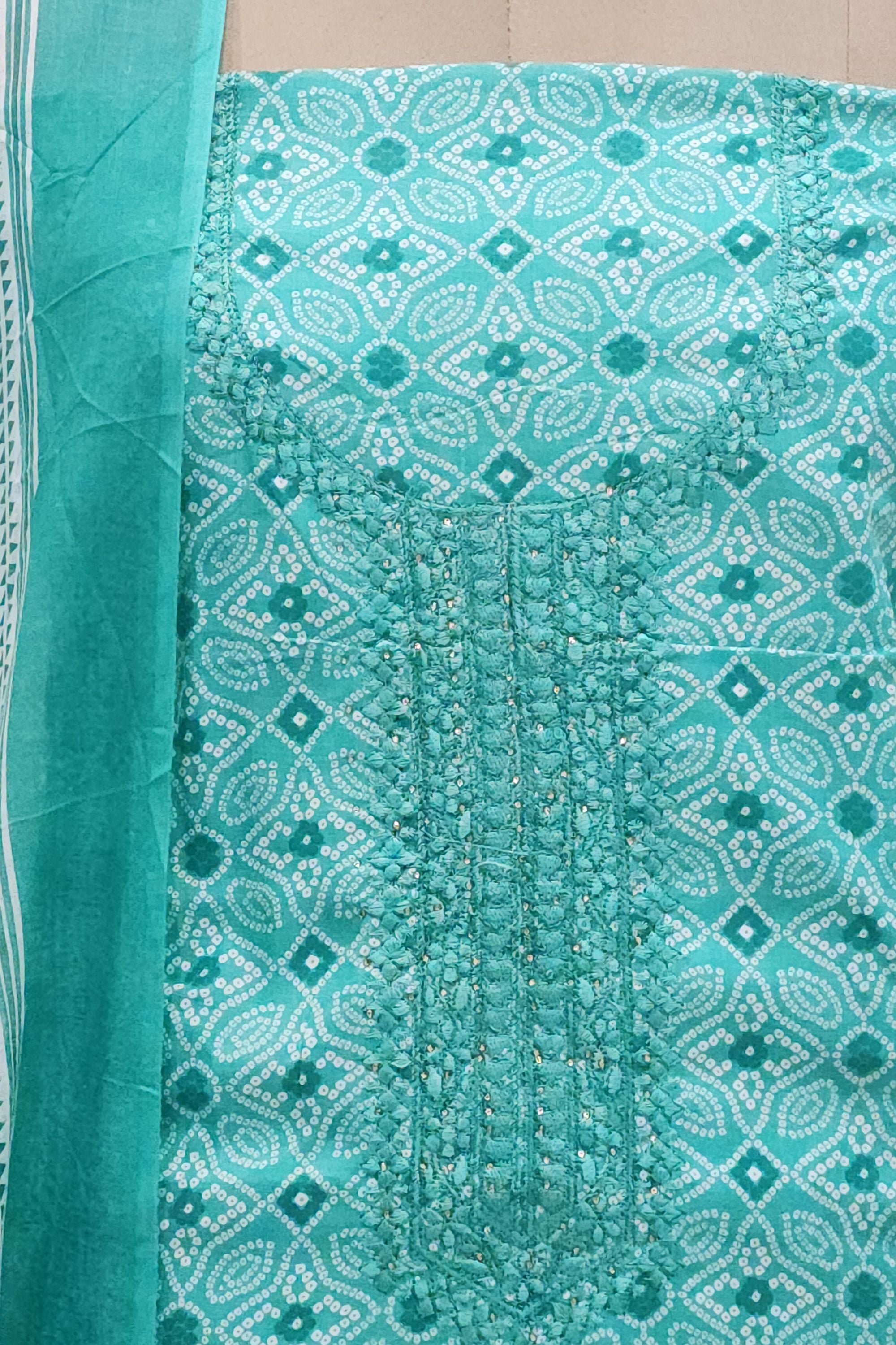 Women's Sea Green Bandhani Printed Cotton Unstitched Suit Set