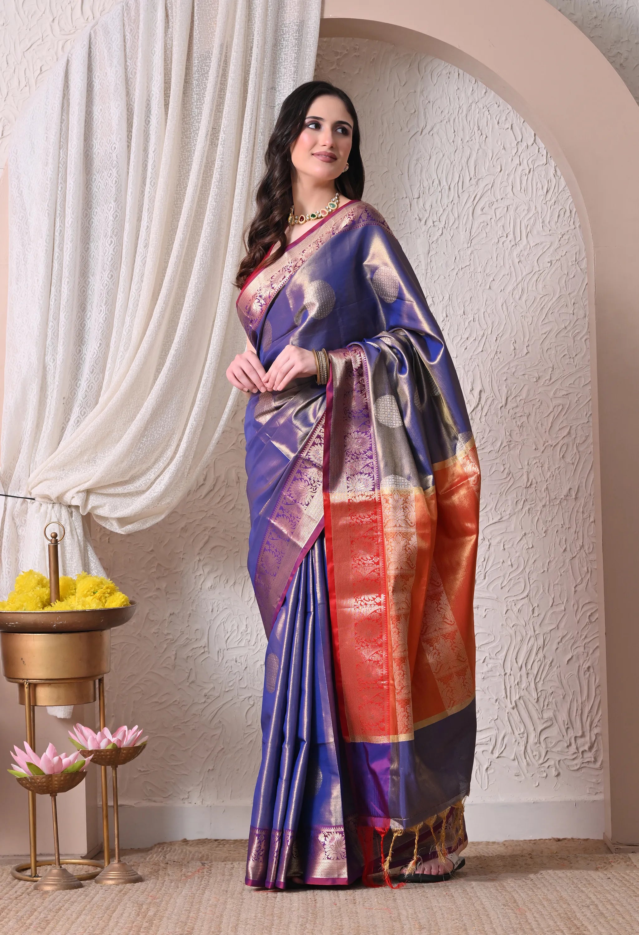 Regal Royal Blue Silk Blend Saree with Contrast Border and Golden Zari Details
