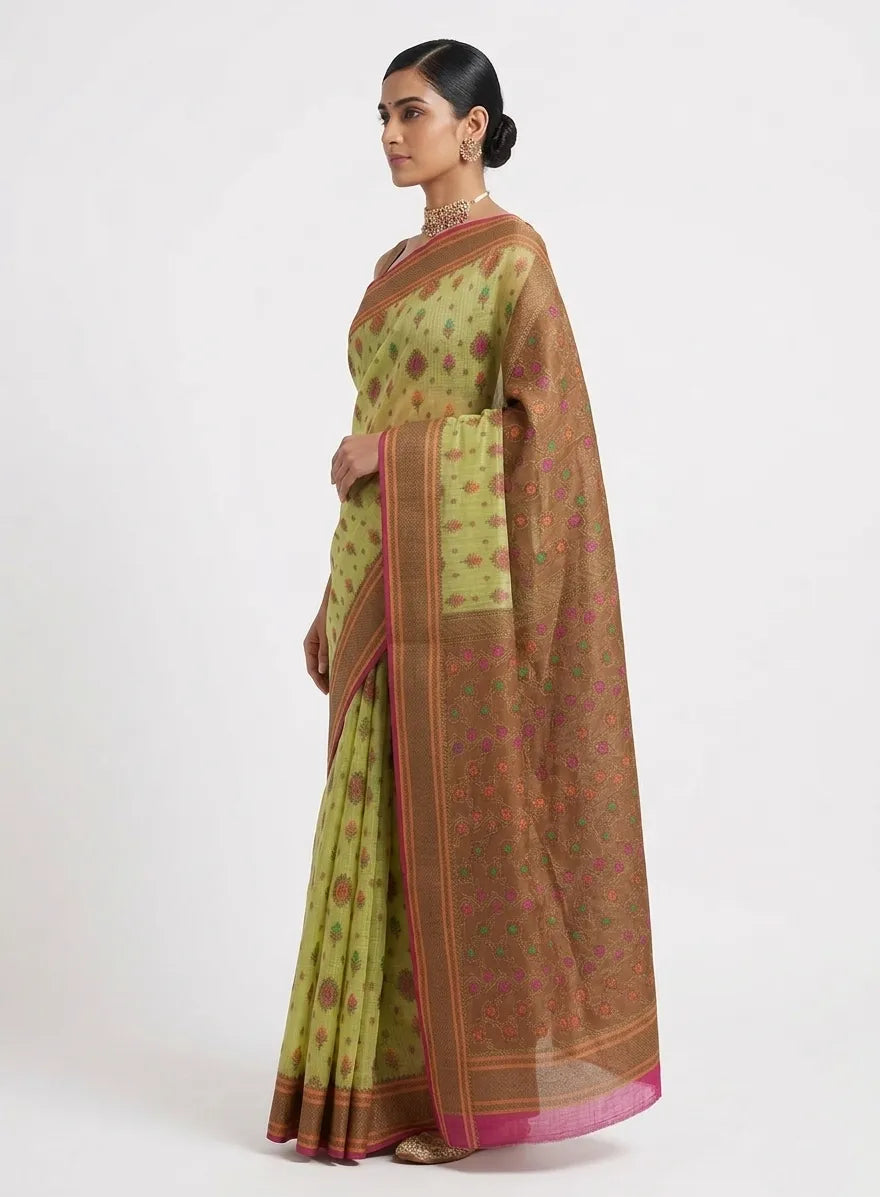 Olive Green & Bronze Silk Blend Woven Design Saree