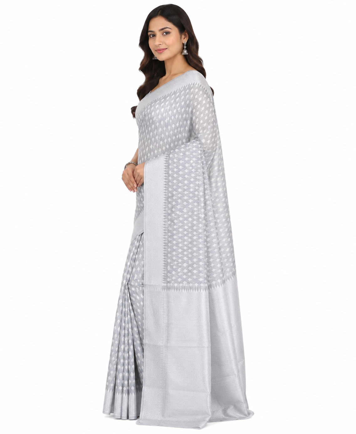 Grey & Silver-Toned Woven Design Banarasi Silk Saree with Unstitched Blouse Piece