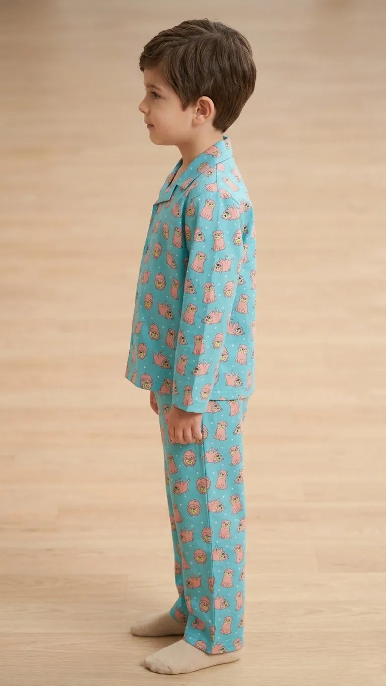 Boys Light Blue & Pink Pug Printed Pure Cotton Night Suit