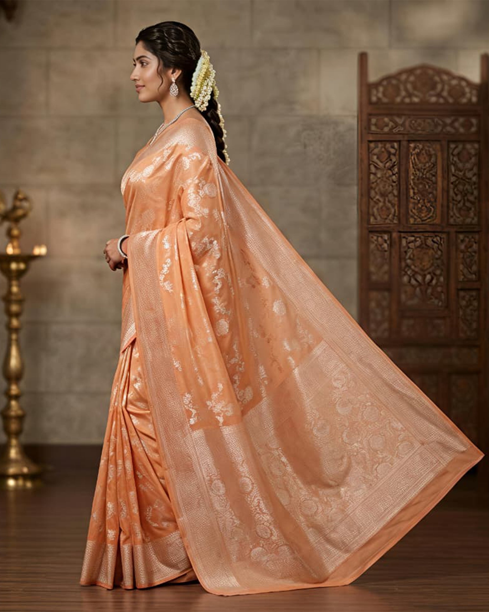 Peach & Silver-Toned Silk Blend Woven Design Banarasi Saree