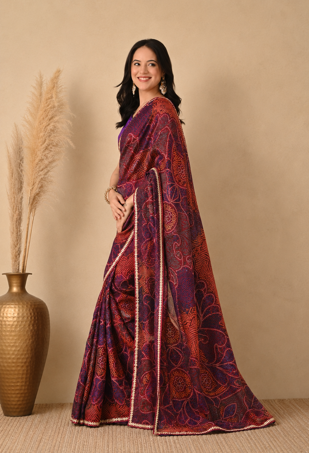 Women Maroon & Blue Bandhani Printed Georgette Saree with Decorative Border