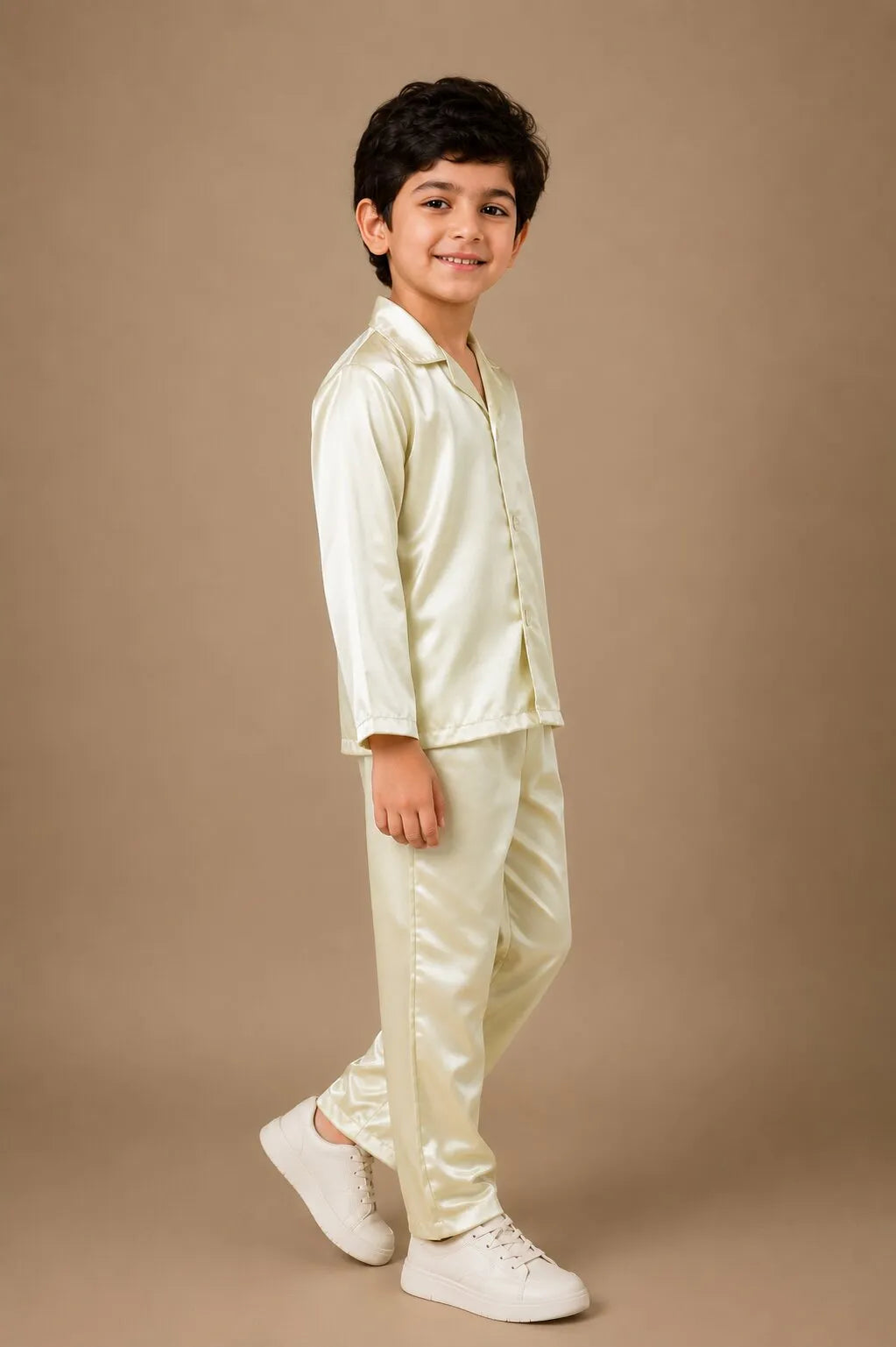 Boys' Luxurious Solid Satin Night Suit – Comfortable Full-Sleeve Button-Down Shirt & Pyjama Set