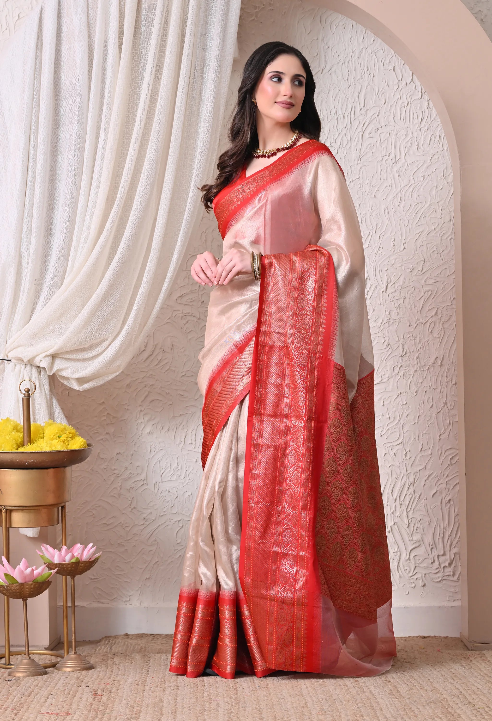 Silk Blend Saree in Ivory White & Vermilion Red