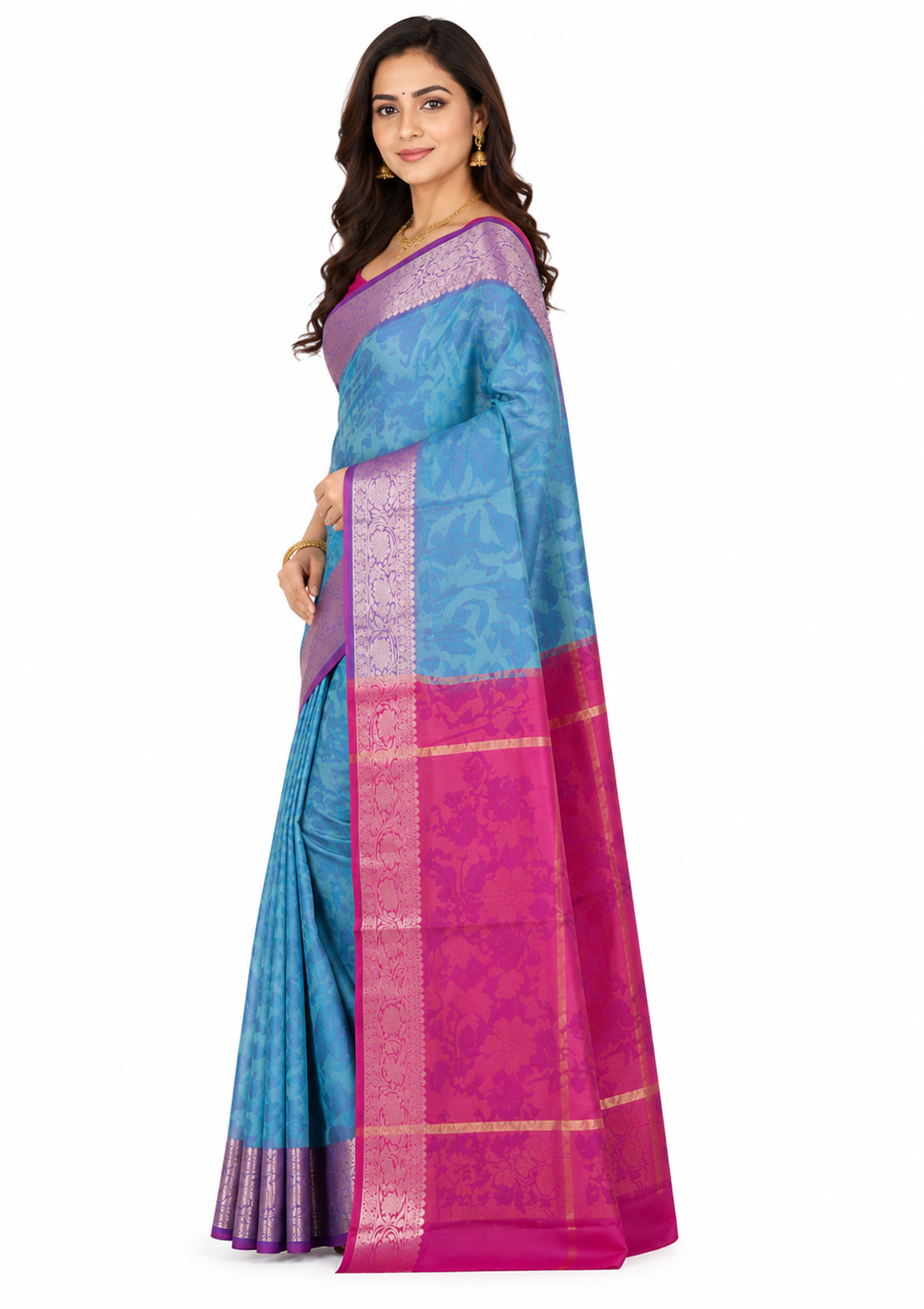 Women Blue & Grey Floral Printed Art Silk Saree with Zari Border