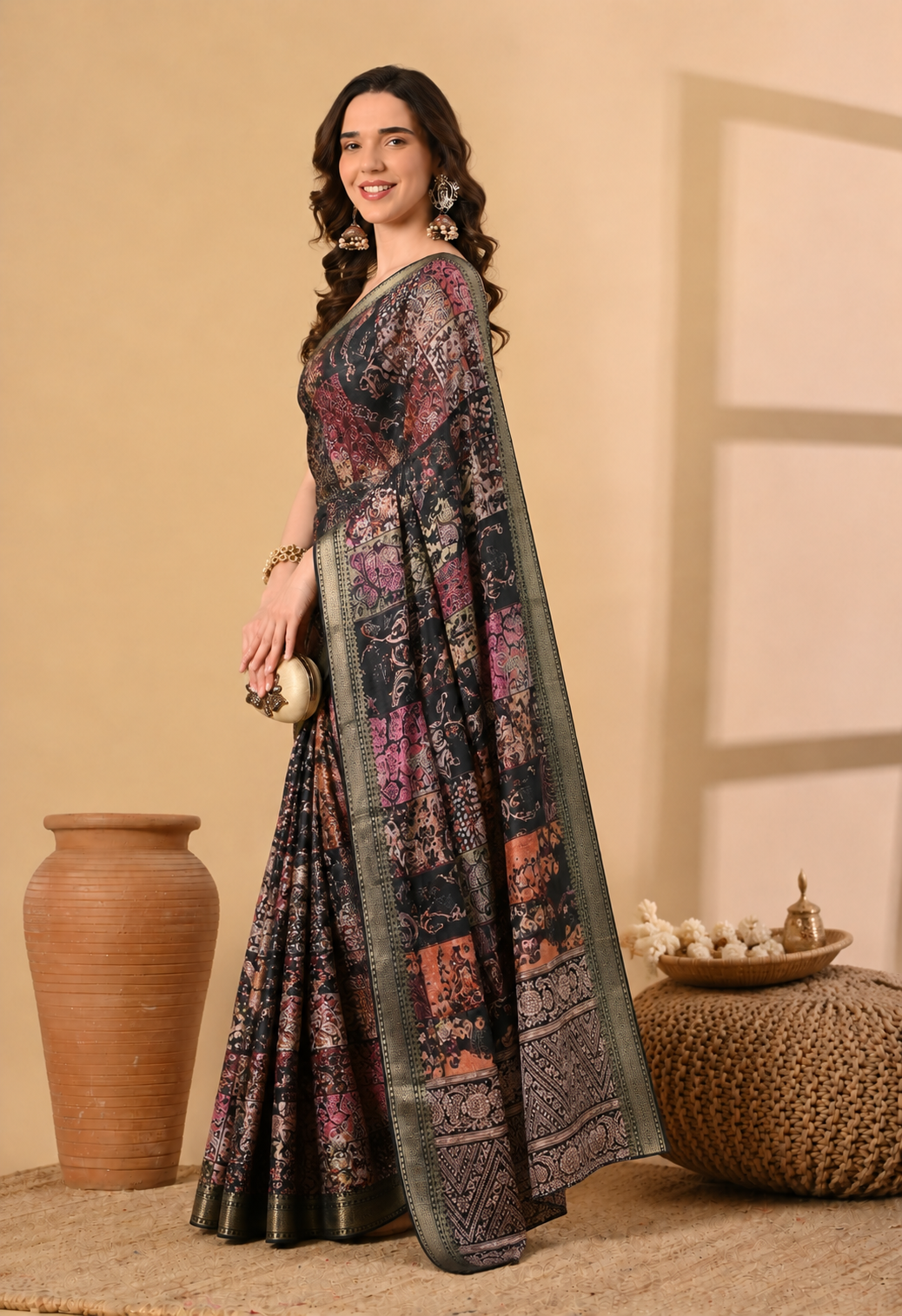 Women Black Printed Georgette Saree with Ethnic Kalamkari-Inspired Motifs
