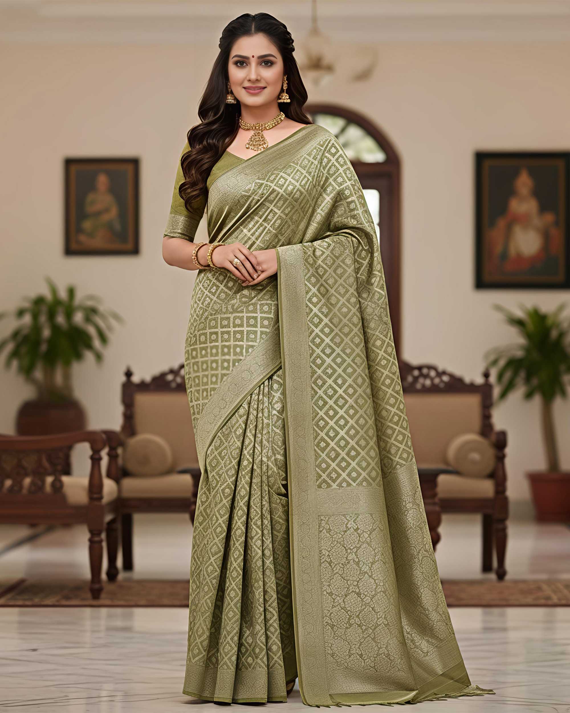 Women Olive Green & Gold-Toned Silk Blend Woven Design Banarasi Saree