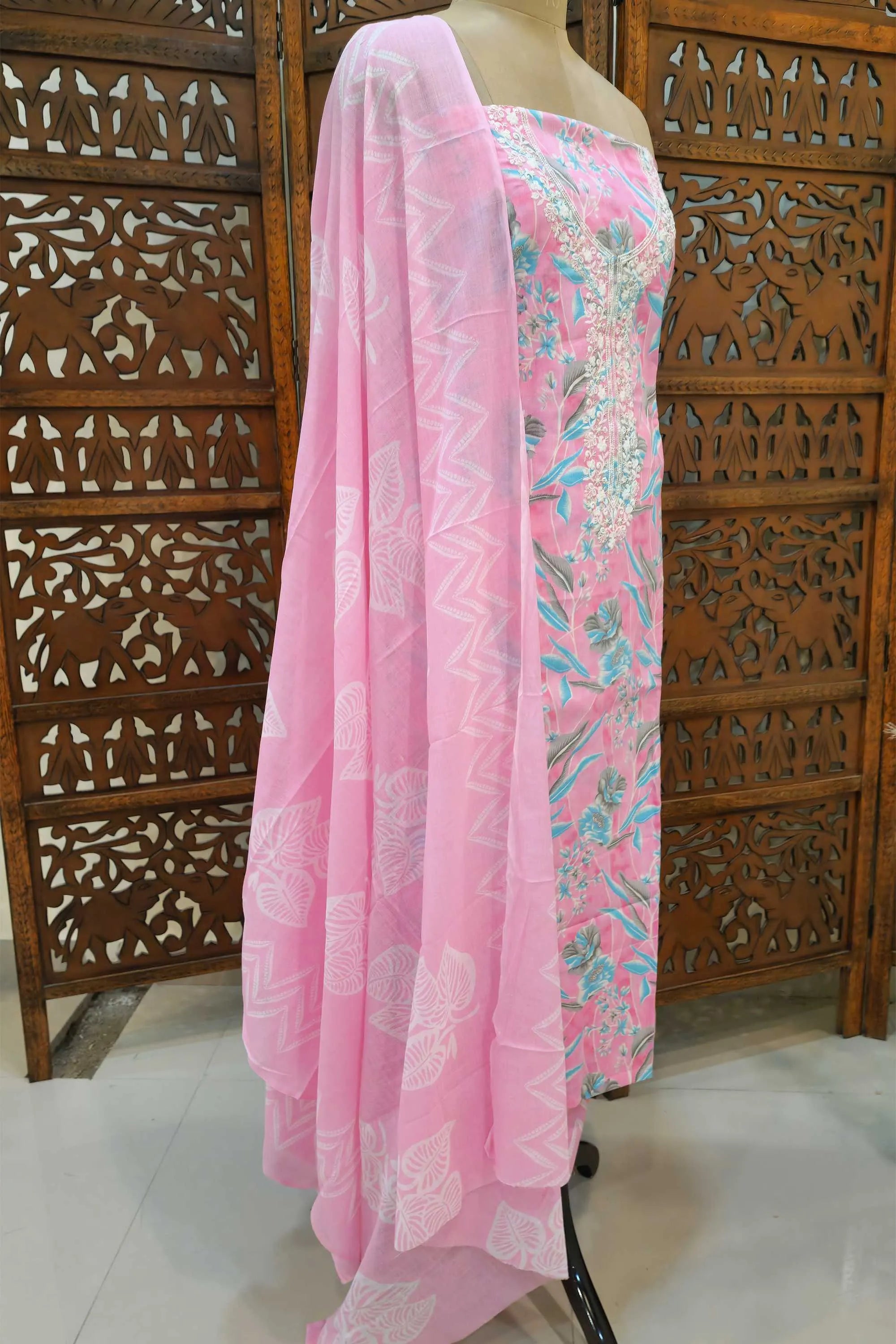 Women Pink & Blue Floral Printed Pure Cotton Unstitched Dress Material with Embroidered Neckline