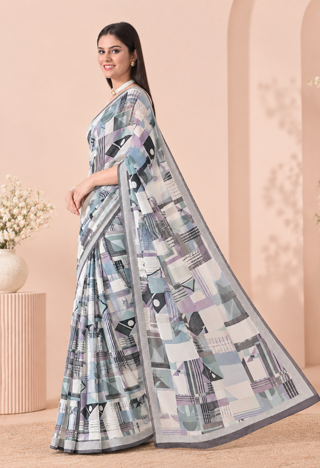 Elegant Multicolour Geometric Printed Saree with Contemporary Pallu
