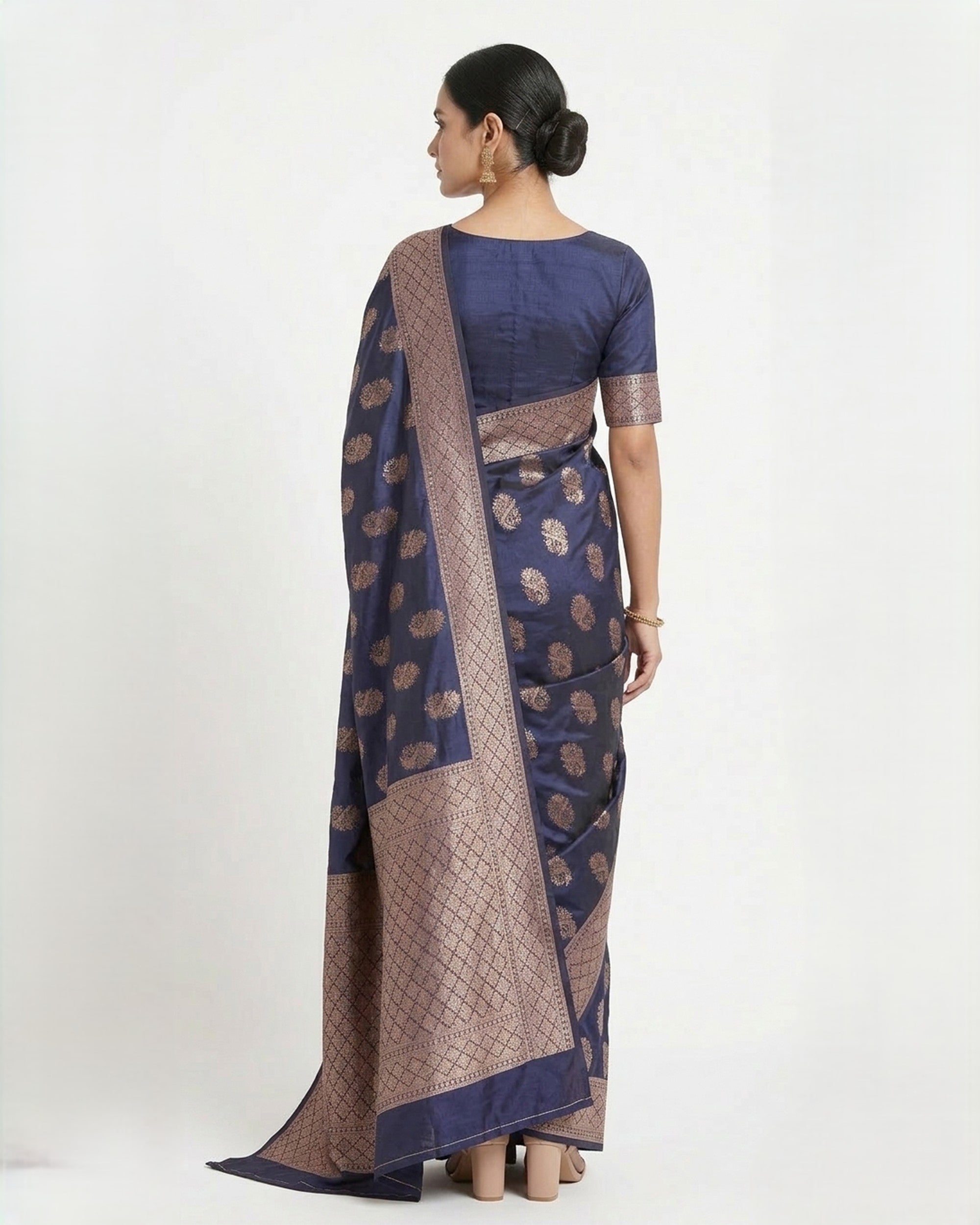 Navy Blue & Gold-Toned Floral Woven Design Zari Silk Saree