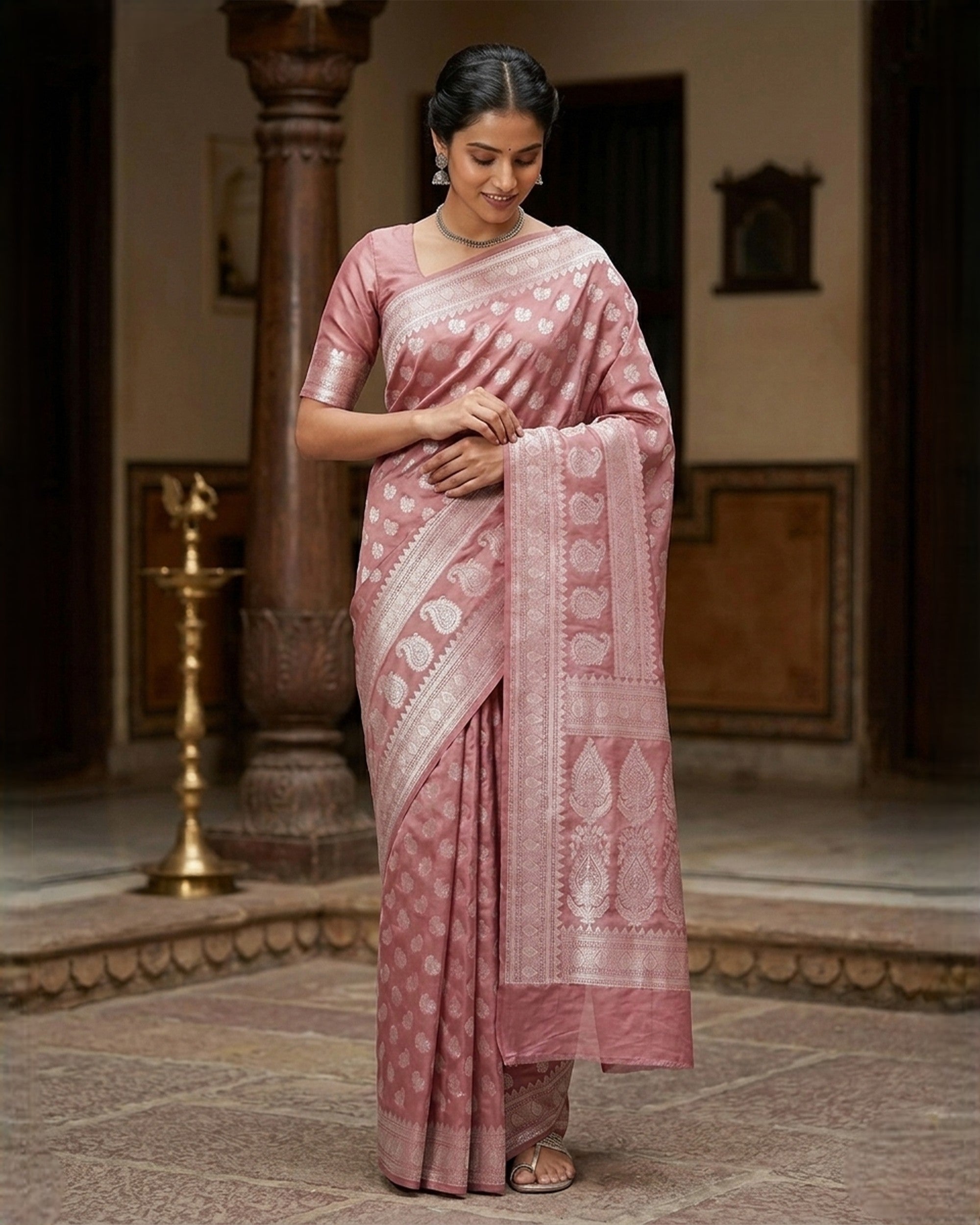 Dusty Rose & Silver Ethnic Motifs Woven Design Zari Silk Blend Banarasi Saree