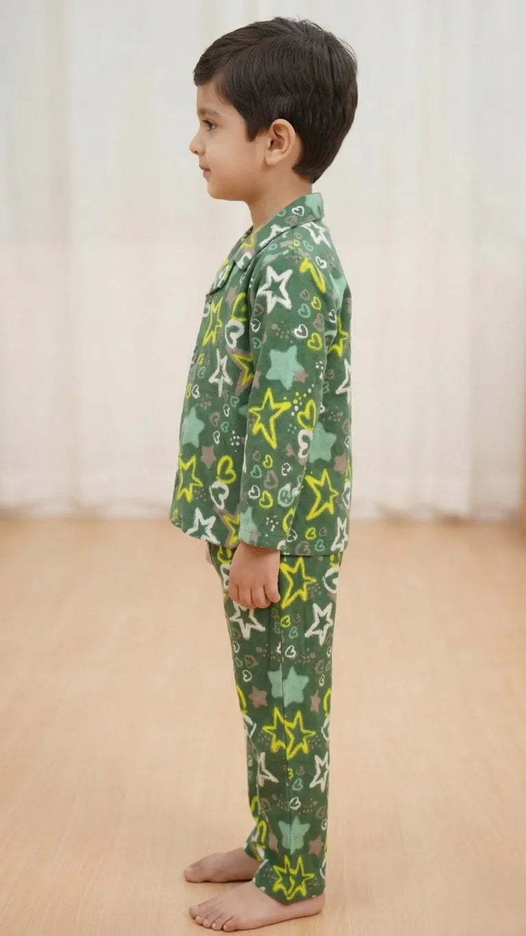 Boys Olive Green & Yellow Star Printed Pure Cotton Night Suit
