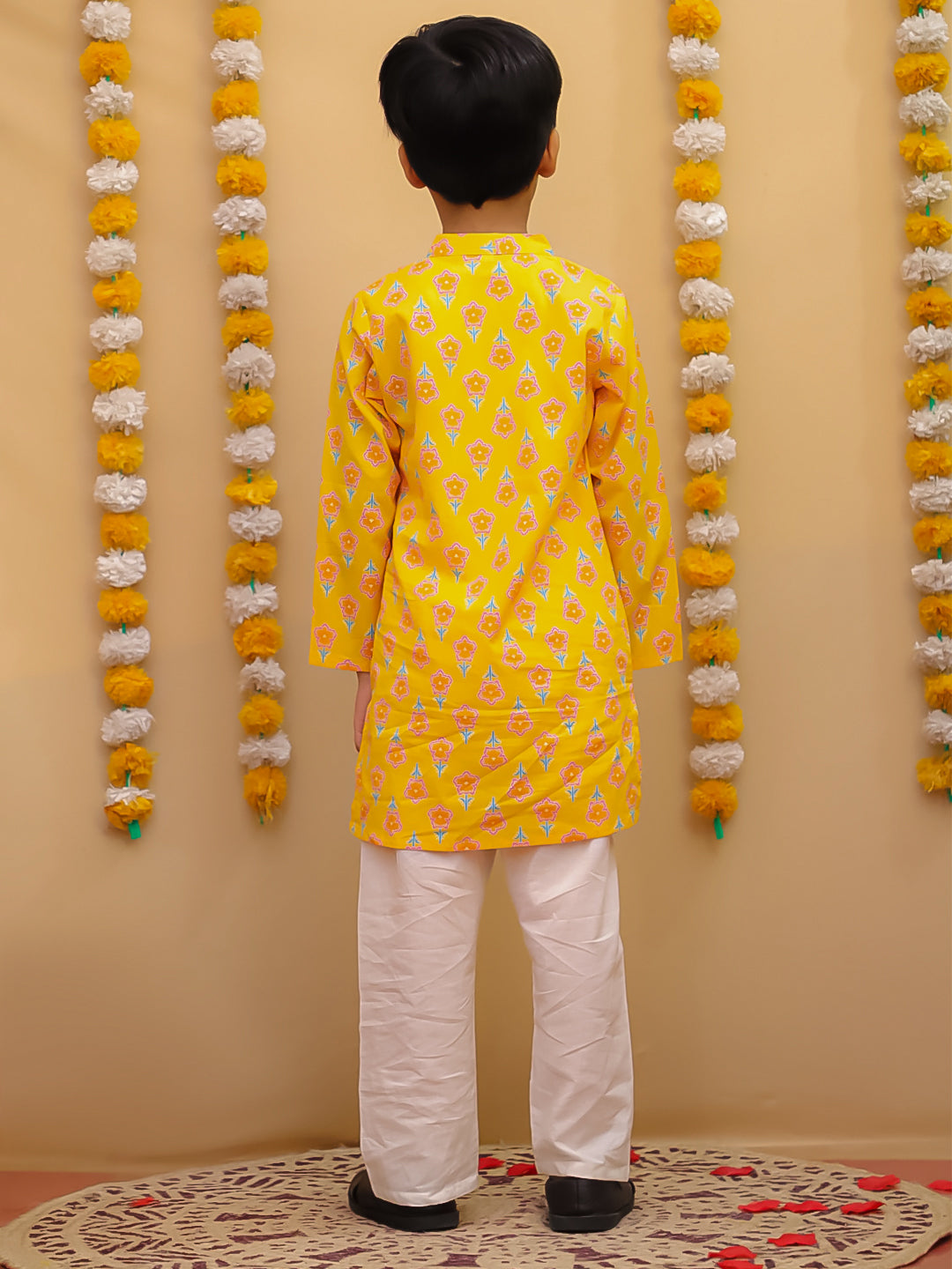 Boys' Yellow Cotton Floral Print Kurta Pajama Set | Traditional Indian Ethnic Wear for Kids | Festive, Wedding & Party Outfit