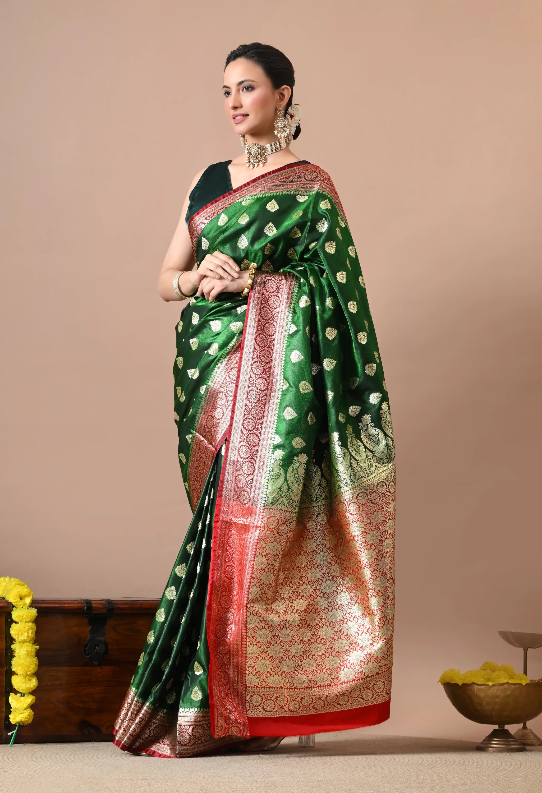 Emerald Green & Gold-Toned Silk Blend Banarasi Saree with Rich Zari Border