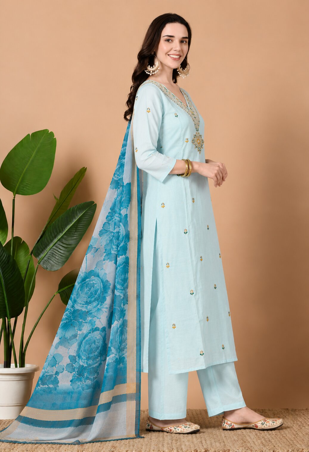 Light Blue Chanderi Silk Embroidered Suit Set with Blue Floral Organza Dupatta for Women