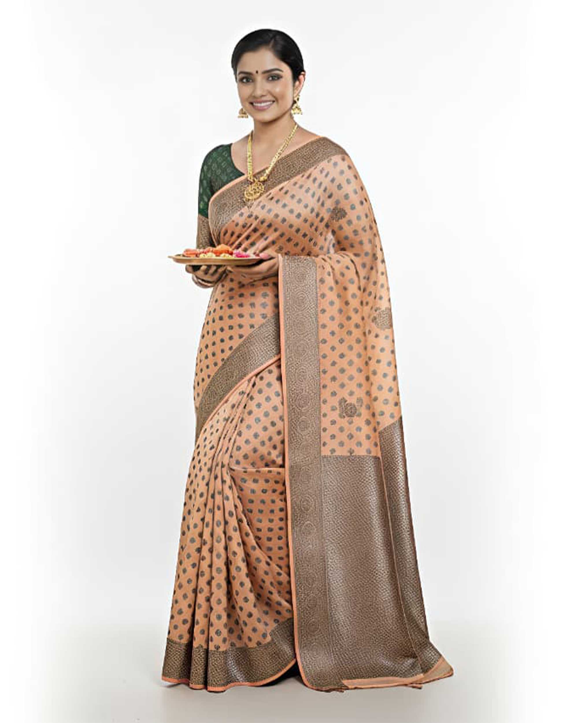 Women Peach & Bronze-Toned Zari Silk Blend Banarasi Saree with Unstitched Blouse Piece