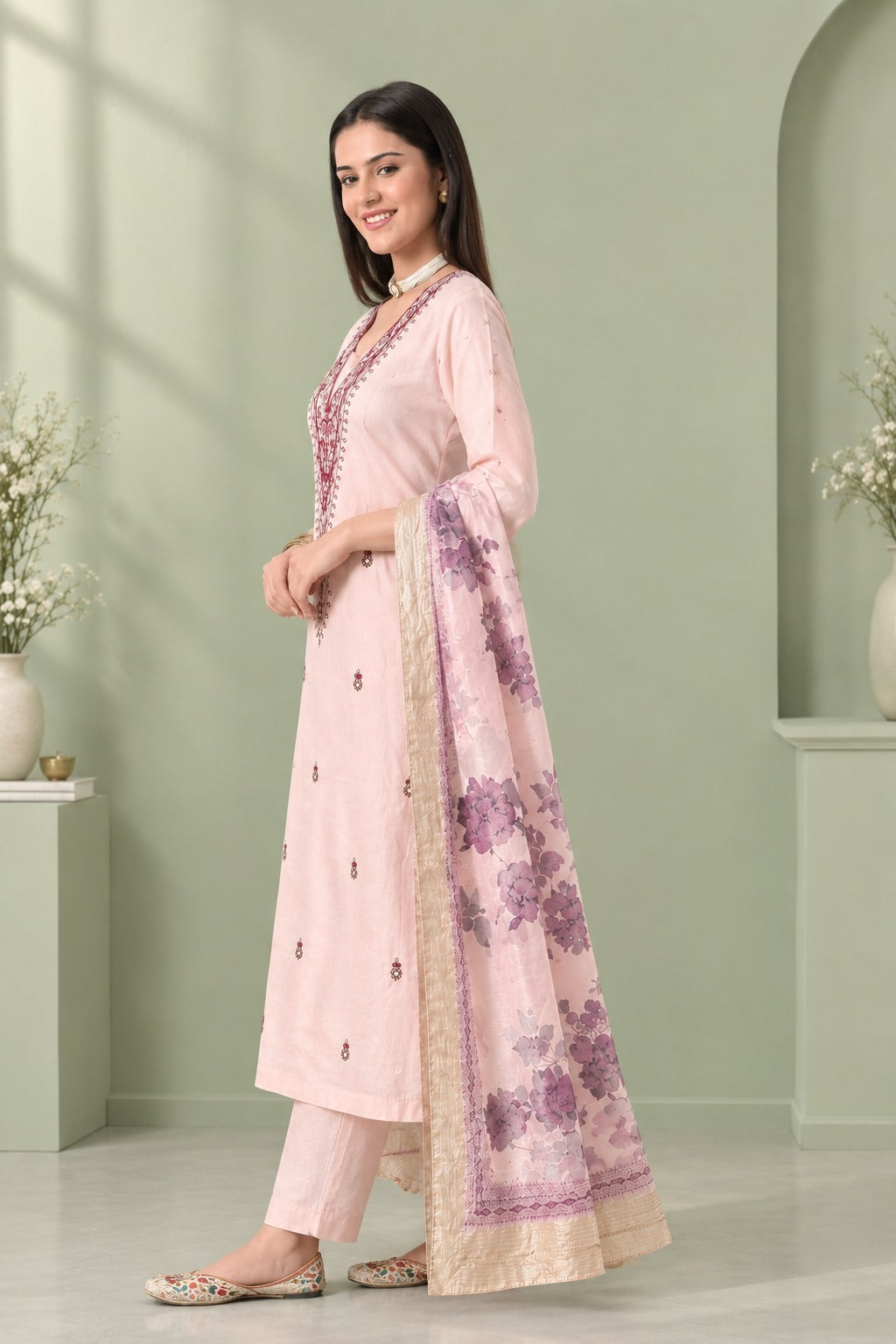 Pink Chanderi Silk Embroidered Suit Set with Organza Dupatta