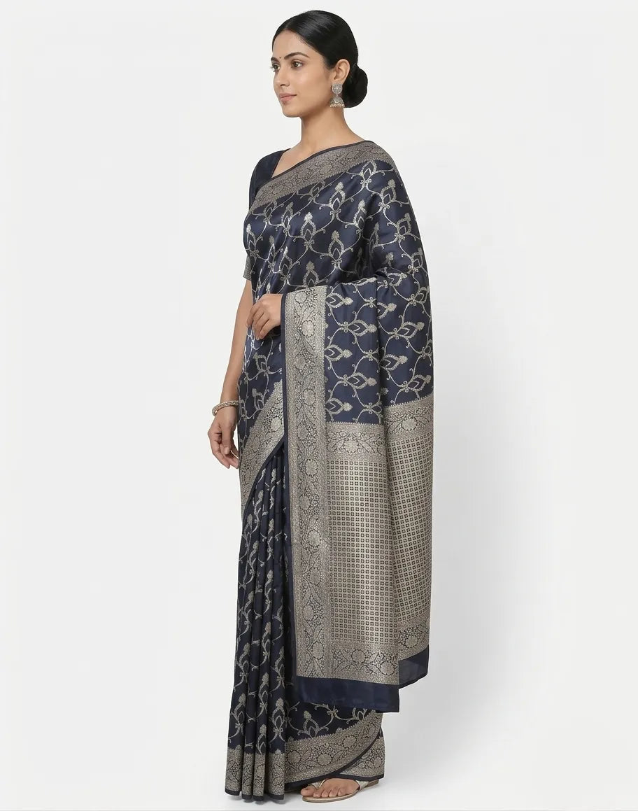 Navy Blue & Silver-Toned Silk Woven Design Banarasi Saree