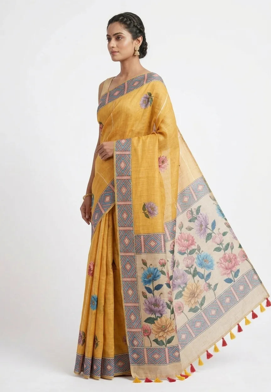 Women Mustard Yellow & Beige Floral Printed Pure Cotton Saree