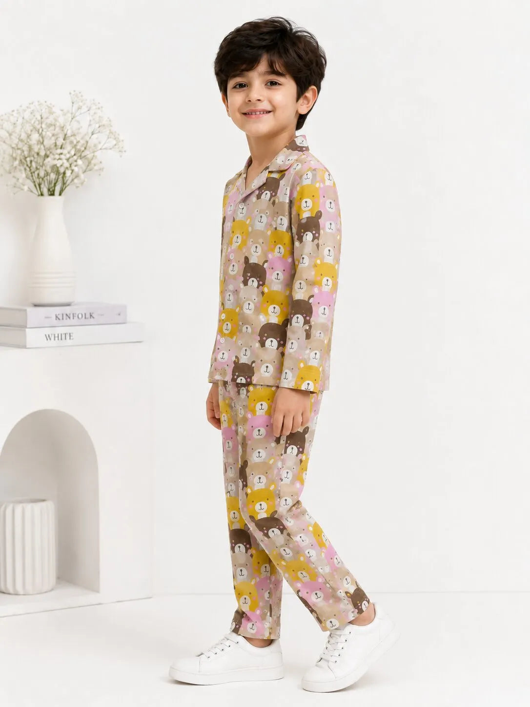 Kids Boys Full Sleeve Collared Pure Cotton Night Suit