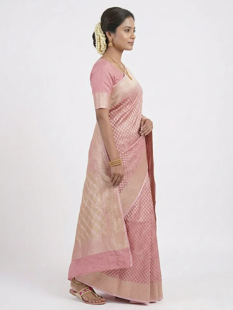 Candy Pink & Gold-Toned Woven Design Banarasi Saree with Unstitched Blouse Piece