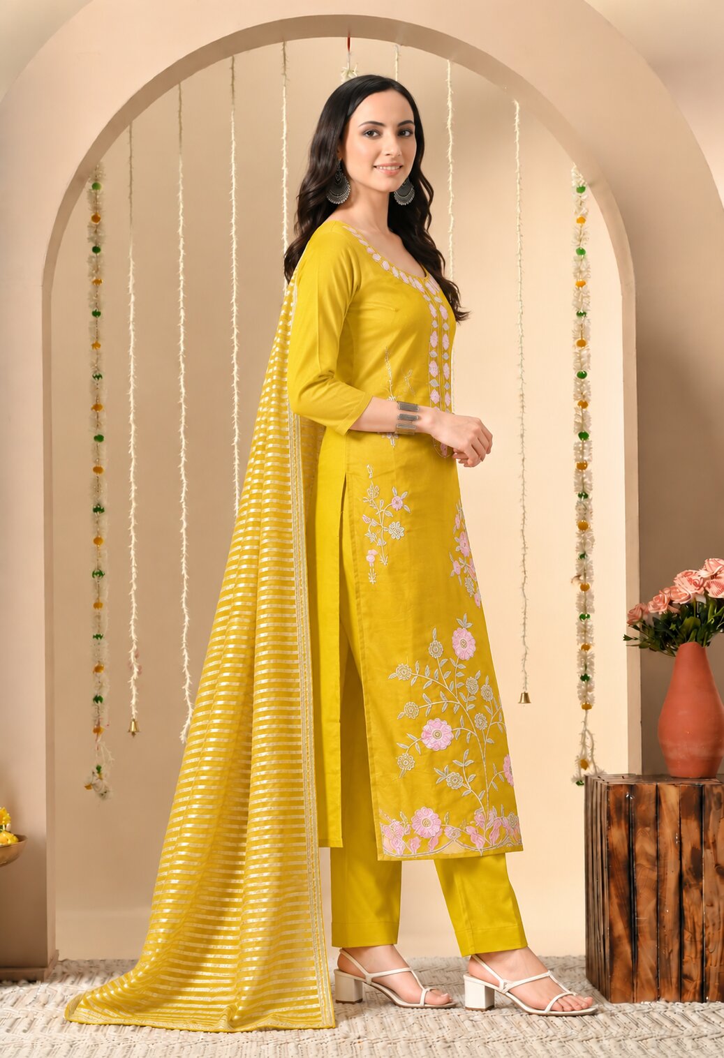 Mustard Yellow Chanderi Silk Suit Set with Floral Embroidery and Striped Dupatta