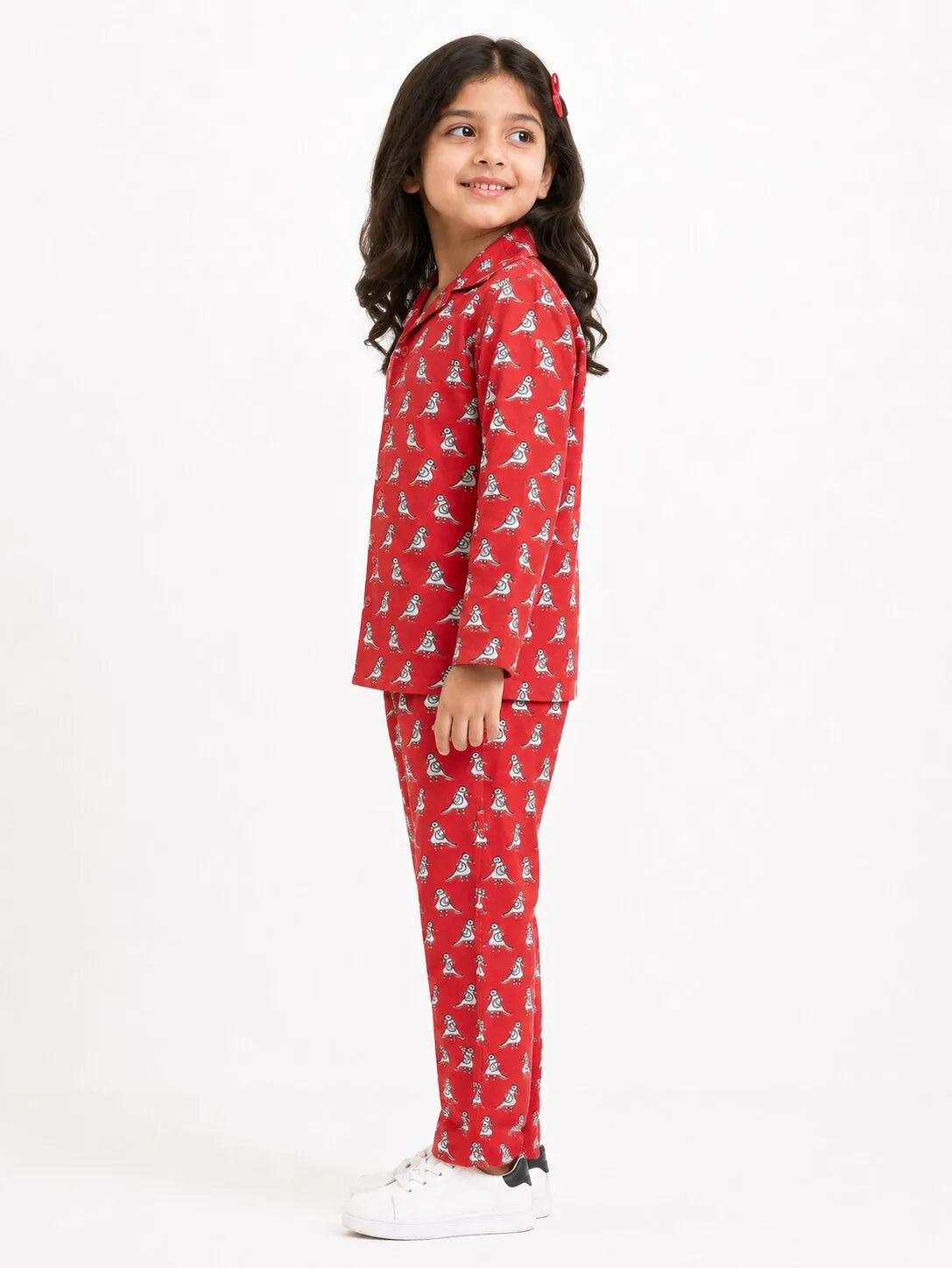 Girls Red & White Bird Print Cotton Night Suit